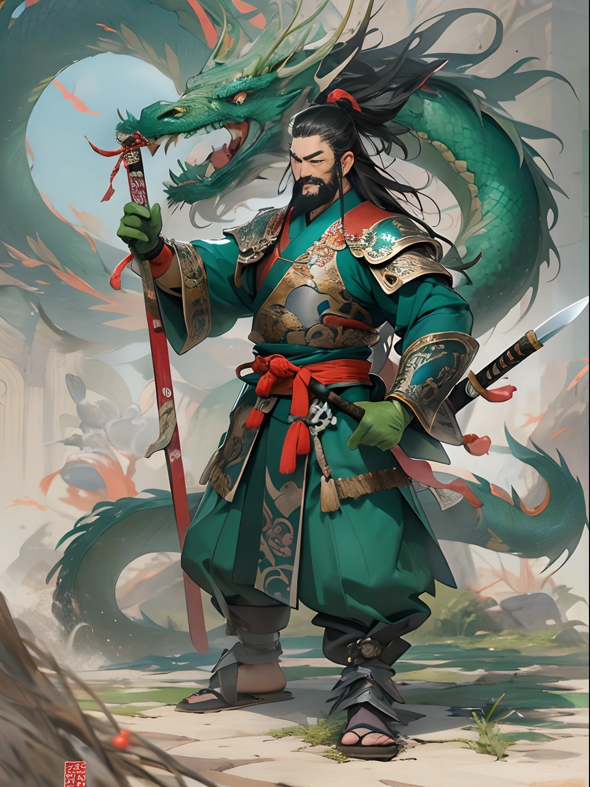 (((China-style,Ink painting method,Half-length portrait,Intense color,Han dynasty, China,Hanfu,Armor,Guan yu,Guan Yunchang,of a guy,Ruddy killing square face,Hold the Blue Dragon Moon Knife in his right hand,Stroke your beard with your left hand,Long hair,petty eyes,Green robe))), (((best qualityer))), (((tmasterpiece))), (((AS-Adult))), ((( Japanese ))), Look up from your knees, Handsome Asian samurai,perfect body figure, Modern samurai, ((( Asian))), Wear gloves on your hands,The left arm is made of steel and metal tips,Made of protective devices, The eyes are pulled, (( Appears below the chest )), (( Small dental floss )), Simon Bisley, Almost naked(Simon Bisley)Castle City Wilderness,For high-resolution posters, hair straight, Minimum clothing, armure (Crazy clothes ), Full of tips and rivets, tribal tattoos, (((full bodyesbian))), Straight brunette hair,Colored hair ends