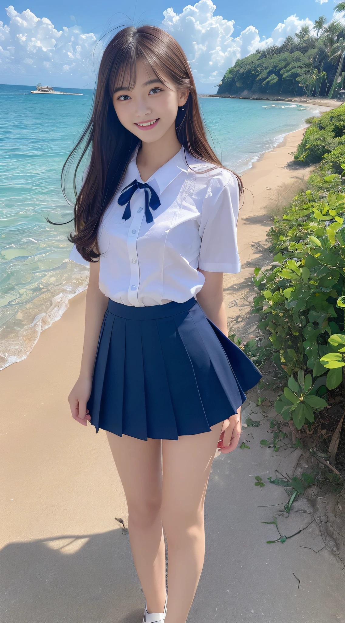 (ultra best quality、超A high resolution、８ｋ、​masterpiece:1.3)、Beautiful Women in Perfect Figure:1.4、A detailed face、A detailed eye、二重まぶた、１Woman of Man、hi-school girl、(Japanese student uniform)、(((The best smile))）、a miniskirt、length hair、Skinny Legs、kawaii、full body Esbian、Extraordinary beauty、dark brown  hair、Daytime Ocean View、perfectly proportions、Skirt swaying in the wind、Age is１７years old、beautful view、blue open sky、Blue Sea、A slender、small tits、Fluttering hair、Beach Resort、Blue Sea、Red Sea、Navy blue pleated skirt