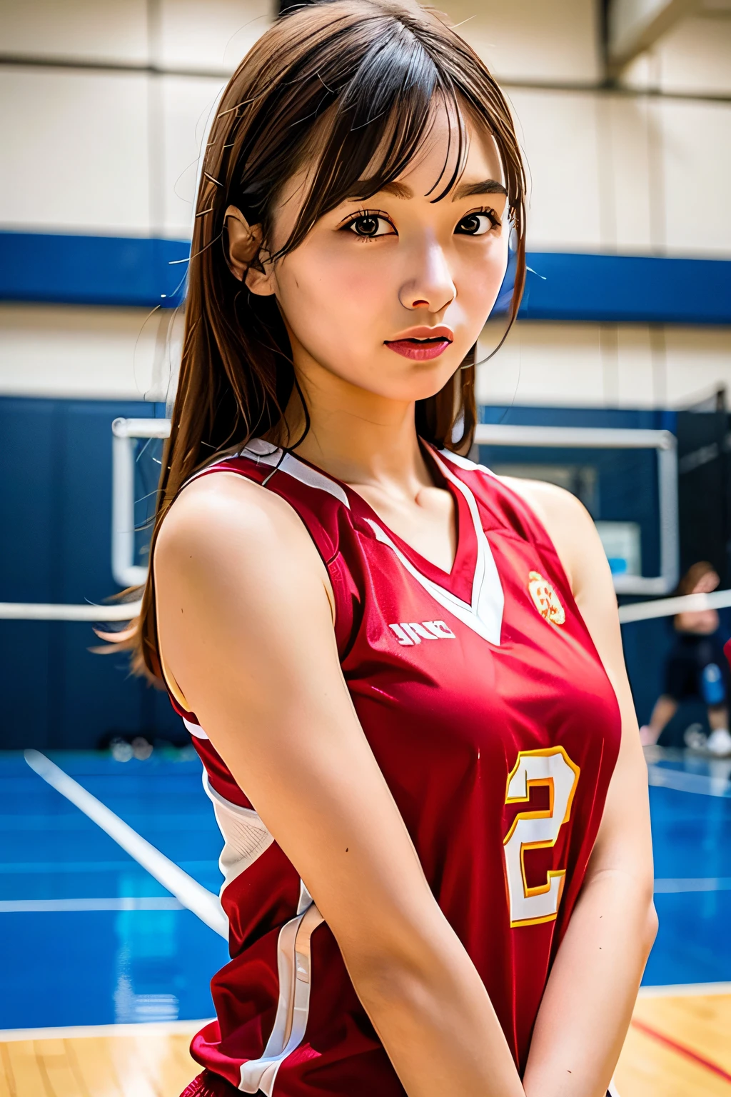 masterpiece:1.2、top-quality)、realisitic、(Authentic Photos、intricate detailes、depth of fields)、(1 girl in、独奏)、make - up、Parted lips、Highly detailed perfect face、(mideum breasts:1.4)、Constriction、tall、Shiny coral lips、Red hair、red eyes、poneyTail、(A girl playing volleyball、Volleyball Uniforms)、(Sweating:1.2)、(wet)、A sexy、red blush、Volleyball Court、Volleyball Net、Gymnasium、audience