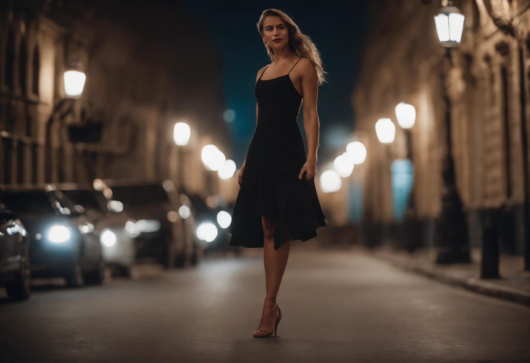 The pose is standing in the street, raising her dress to show her leg
