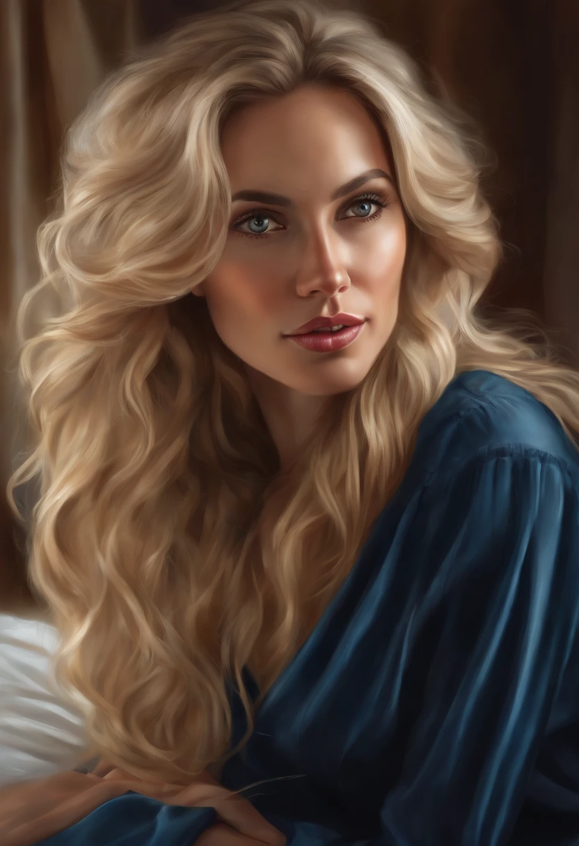 Blonde woman with long hair holding a cell phone in her hand, realistic digital illustration, Retrato femenino realista, Dibujo digital realista, Retrato de rostro realista y detallado, Pintura digital realista, Foto de retrato realista, Retrato de estudio realista, Retrato realista, epic portrait illustration, Arte digital realista, Retrato ultra realista, Retrato de alta calidad, Retrato fotorrealista, Retrato de ultra realista, Semi-nude digital illustration portrait lying on her bed