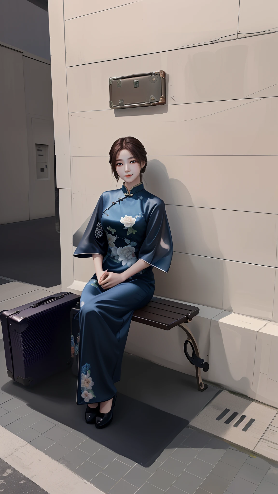 A age girl,brunette color hair,Detailed eyes,Detailed facial features,Detailed expressions,(ssmile),There was a suitcase next to the girl,sitting on a bench,Perfect woman,Wear a light-colored cheongsam,Masterpiece art photography,