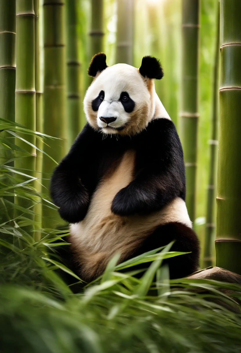 A giant panda stands in a dense bamboo forest, There are tall bamboo stalks around. Sunlight filters through the gaps in the bamboo leaves, Cast mottled light and shadow on the panda's body.