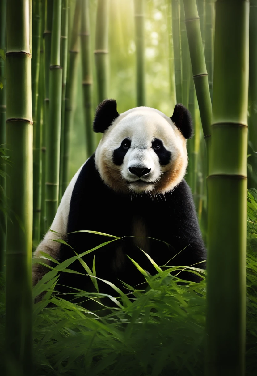 A giant panda stands in a dense bamboo forest, There are tall bamboo stalks around. Sunlight filters through the gaps in the bamboo leaves, Cast mottled light and shadow on the panda's body.