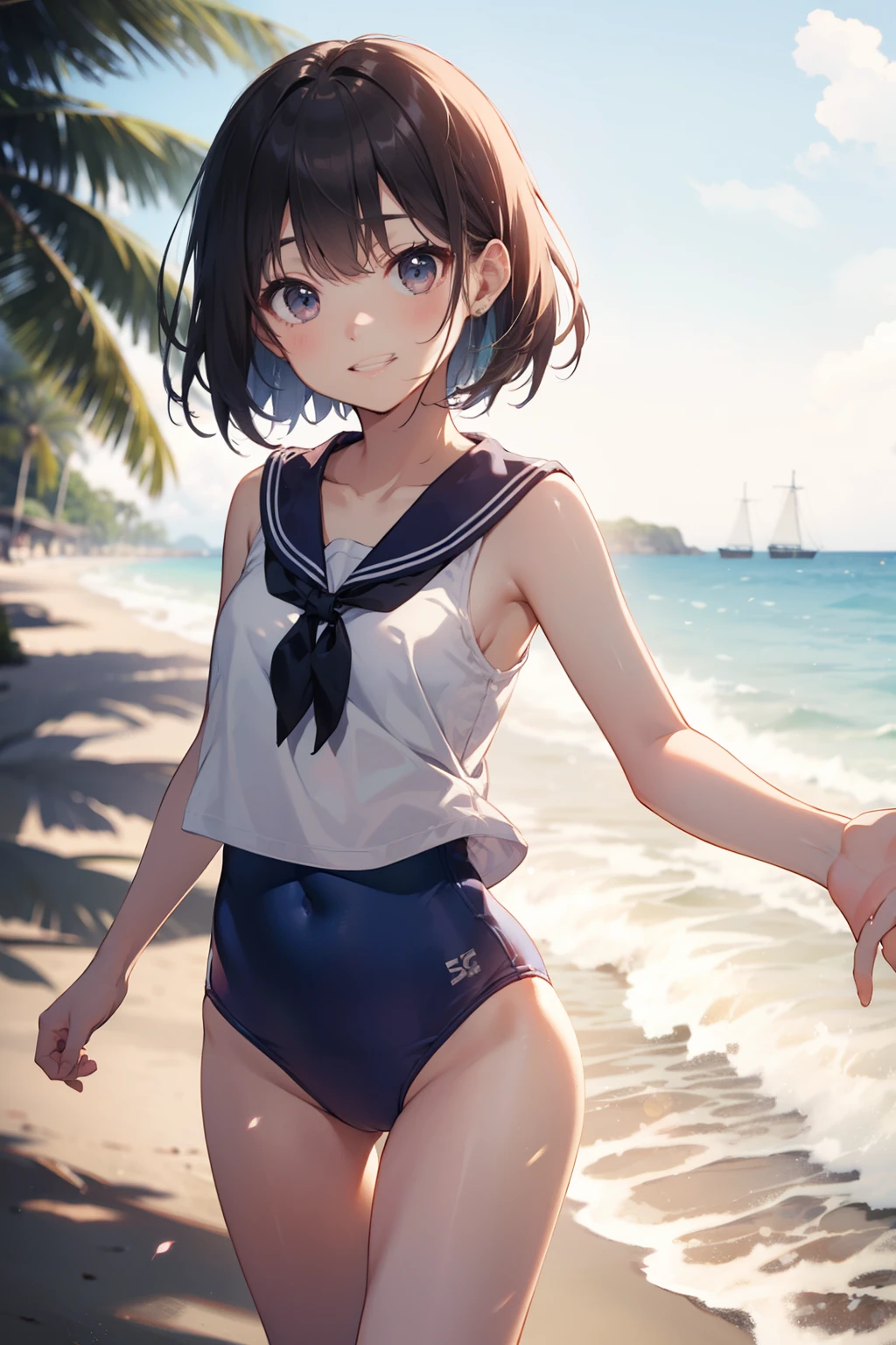 top-quality、Full limbs、complete fingers、Slender beauty、straight haired、Long、Sailor School Swimsuit、Small eyes、ssmile、the beach、Dancing