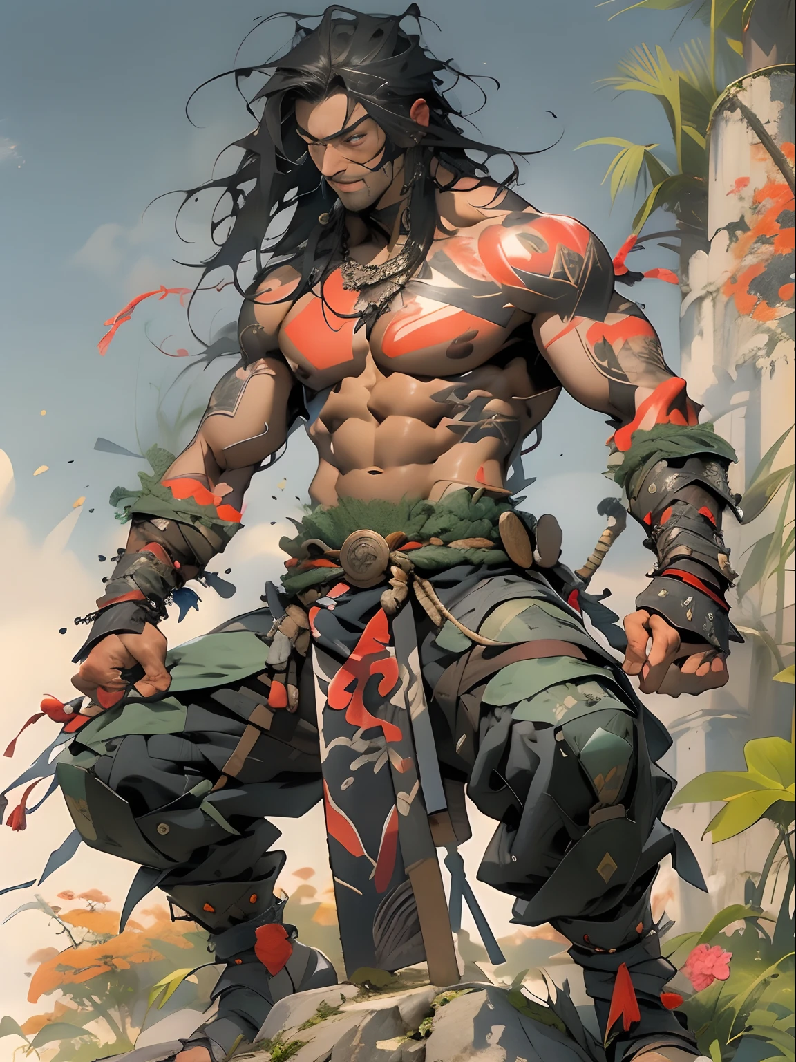 (((mtu))), (((best qualityer))), (((tmasterpiece))), (((AS-Adult))), ((( Japanese ))), Look up from your knees, Handsome Asian samurai，perfect body figure, Modern samurai, ((( Asian))), Wear gloves on your hands，The left arm is made of steel and metal tips，Made of protective devices, The eyes are pulled, (( Appears below the chest )), (( Small dental floss )), Simon Bisley, Almost naked（Simon Bisley）Castle City Wilderness，For high-resolution posters, hair straight, Minimum clothing, armure (Crazy clothes ), Full of tips and rivets, tribal tattoos, (((full bodyesbian))), Straight brunette hair，Colored hair ends