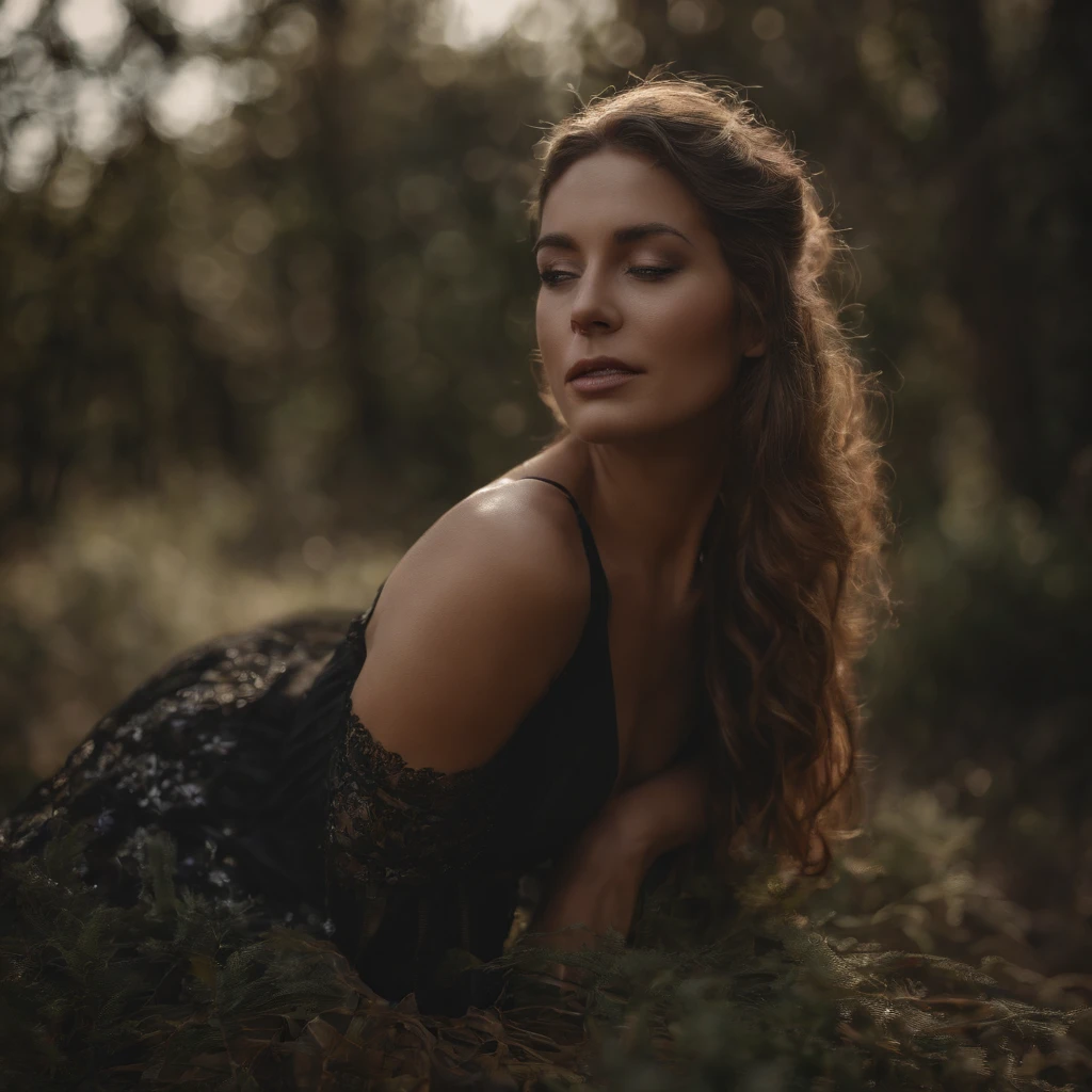 a beautiful girl covered by the intertwining roots of a burnt forest