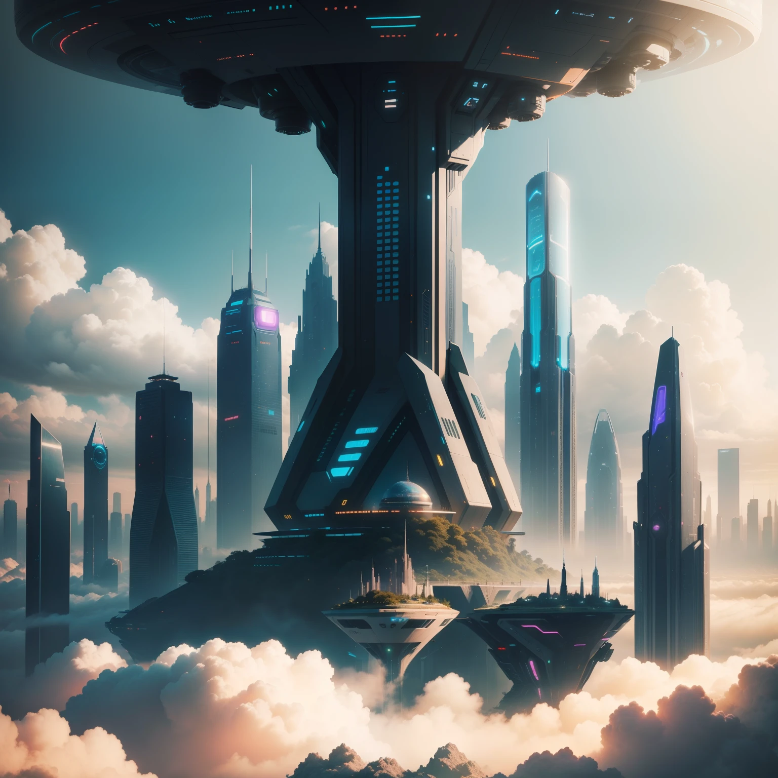 cyberpunked epcot futuristic cities SFArt Towering Above the Clouds Huge skyscrapers planet earth dream utopian top-quality masterpiece HD Images A beautiful and beautiful futuristic city