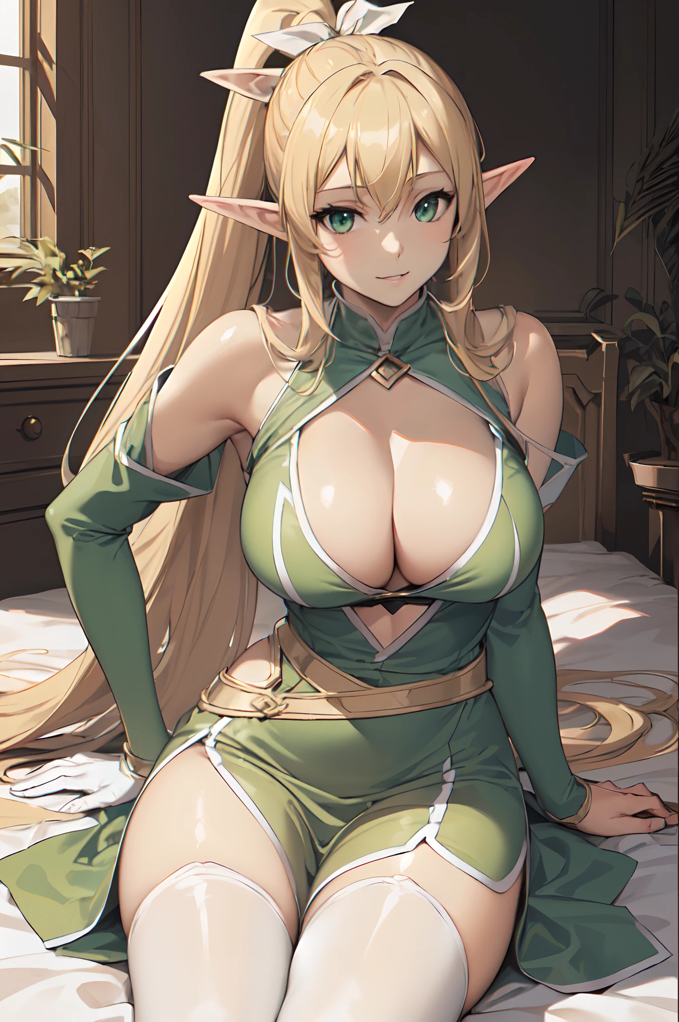 (masutepiece:1.5), the Extremely Detailed CG Unity 8K Wallpapers,(Realistic,Photorealsitic,hyper realisitic:1.5),(Curve,Model,glamor:1.5),Beautiful breasts,Farbe_aberration,beautiful detailed shadow,Beautiful eyes,Beautiful body,Beautiful skin,beautifull hands,(Large breasts:1.5),(Large_breasts:1.5),Seductive smile, parted_Lips,(White bed,White luxury bedroom,White sheets:1.4),(White ribbon on the head:1.3),(Long hair, Ponytail:1.5),Attractive thighs,well-shaped thighs,green colored eyes,
Anime girl in green dress sitting on bed, Elf Girl, Seductive Anime Girl,  in dress, alluring elf princess knight, Cute anime waifu in a nice dress, elf princess, beautiful alluring anime woman, 2. 5 d cgi anime fantasy artwork, elf queen, Very detailed ArtGerm, Detailed Digital Anime Art,