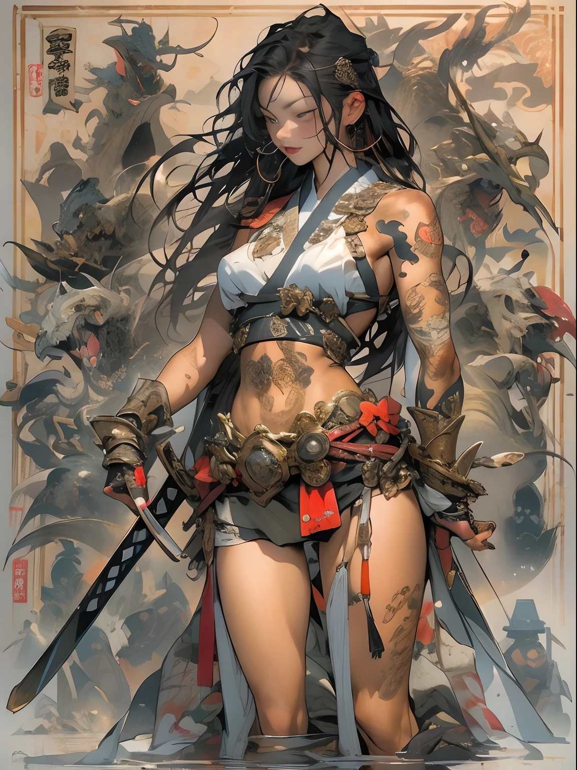 (((woman))), (((best qualityer))), (((tmasterpiece))), (((AS-Adult))), ((( Japanese ))), Look up from your knees, A beautiful asian samurai woman with perfect body, Modern samurai, ((( Asian))), Wear gloves on your hands,The left arm is made of steel and metal tips,Made of protective devices, The eyes are pulled, (( Appears below the breast )), (( Small dental floss )), Simon Bisley, Almost naked(Simon Bisley)Castle City Wilderness,For high-resolution posters, hair straight, Minimum clothing, armure (Crazy clothes ), Full of tips and rivets, tribal tattoos, (((full bodyesbian))), Straight brunette hair,Colored hair ends