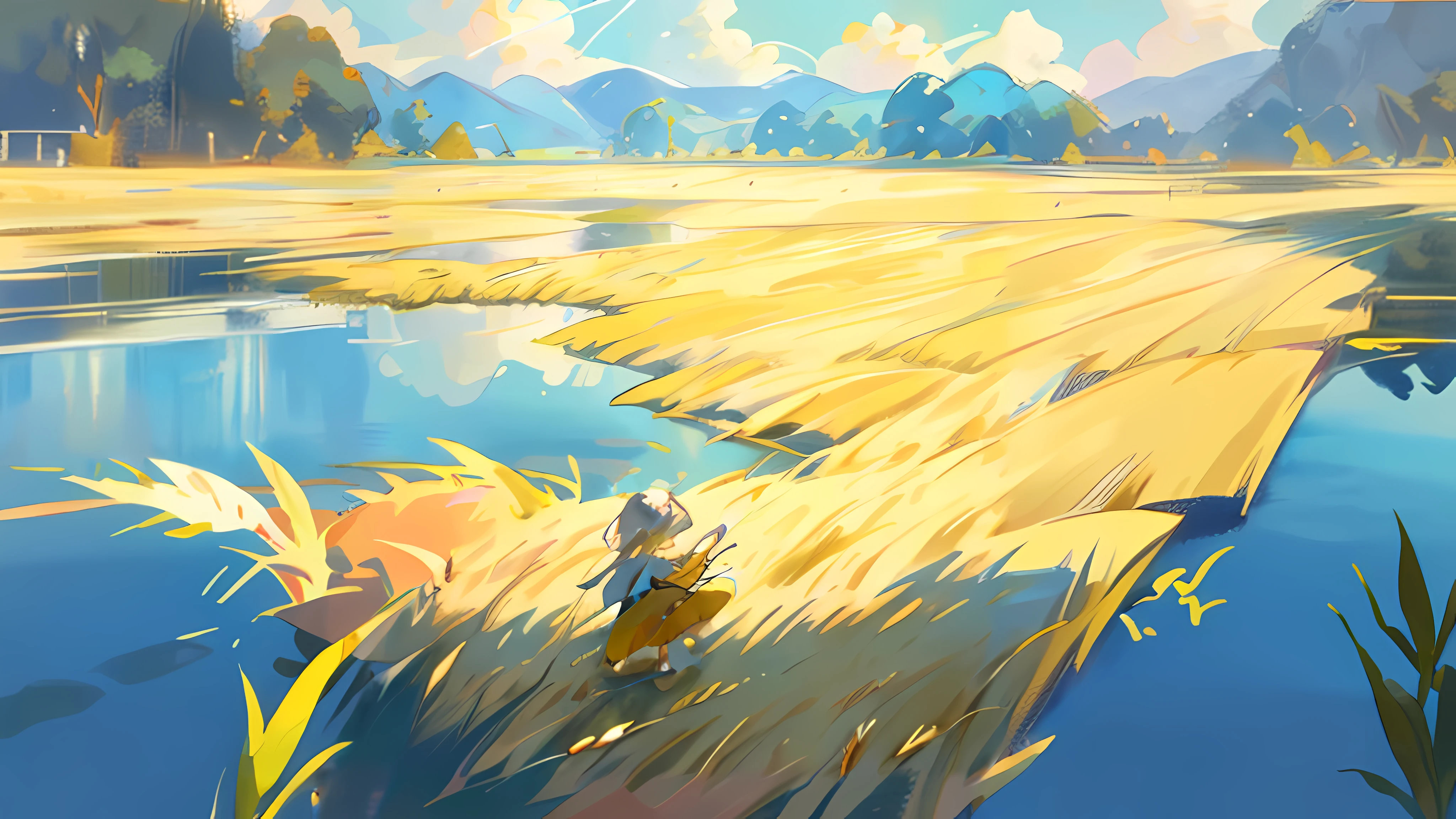 A lush forest surrounds a tranquil lake with sparkling water reflecting the blue sky and white clouds.