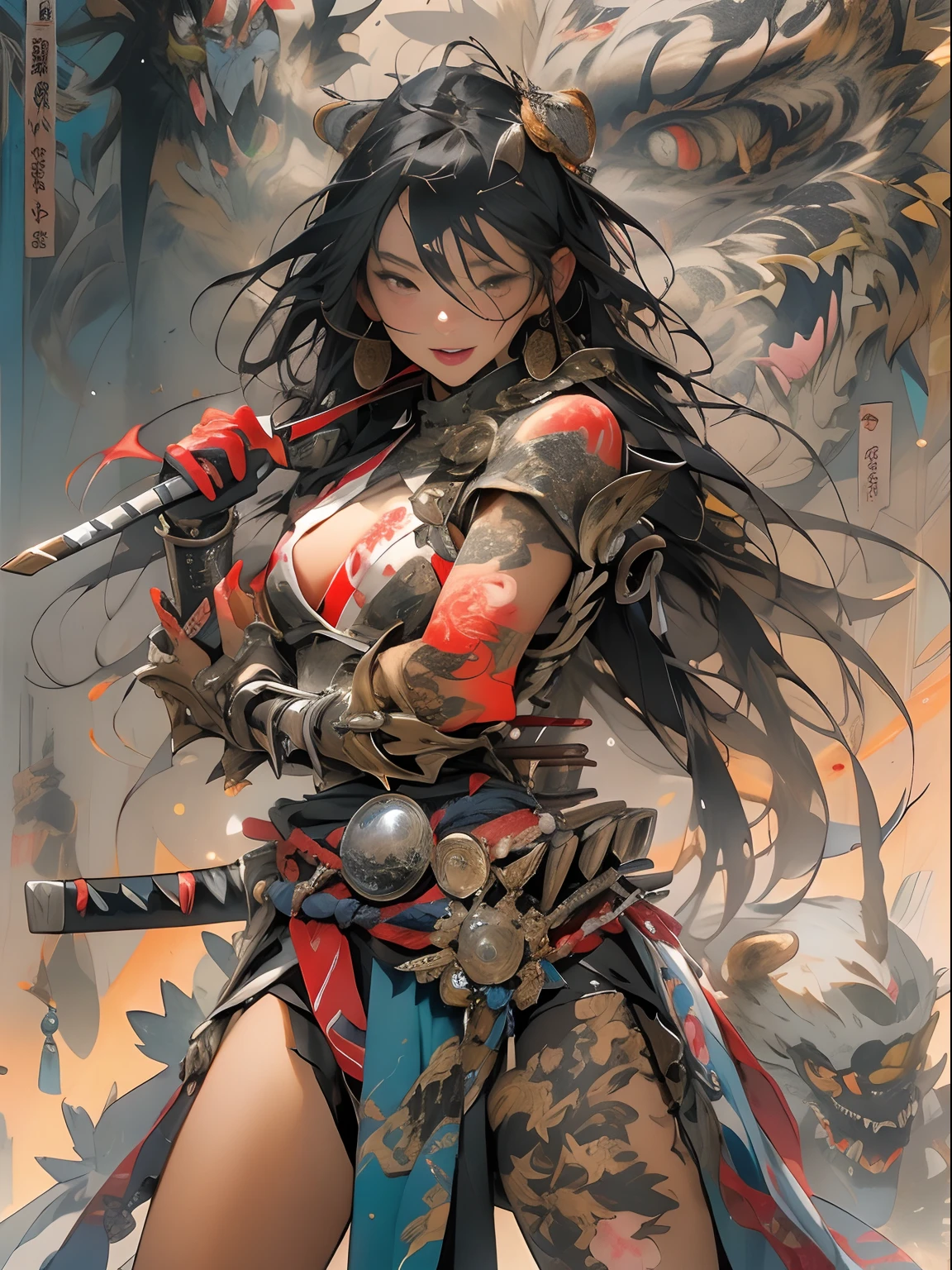 (((woman))), (((best qualityer))), (((tmasterpiece))), (((AS-Adult))), ((( Japanese ))), Look up from your knees, A beautiful asian samurai woman with perfect body, Modern samurai, ((( Asian))), Wear gloves on your hands,The left arm is made of steel and metal tips,Made of protective devices, The eyes are pulled, (( Appears below the breast )), (( Small dental floss )), Simon Bisley, Almost naked(Simon Bisley)Castle City Wilderness,For high-resolution posters, hair straight, Minimum clothing, armure (Crazy clothes ), Full of tips and rivets, tribal tattoos, (((full bodyesbian))), Straight brunette hair,Colored hair ends