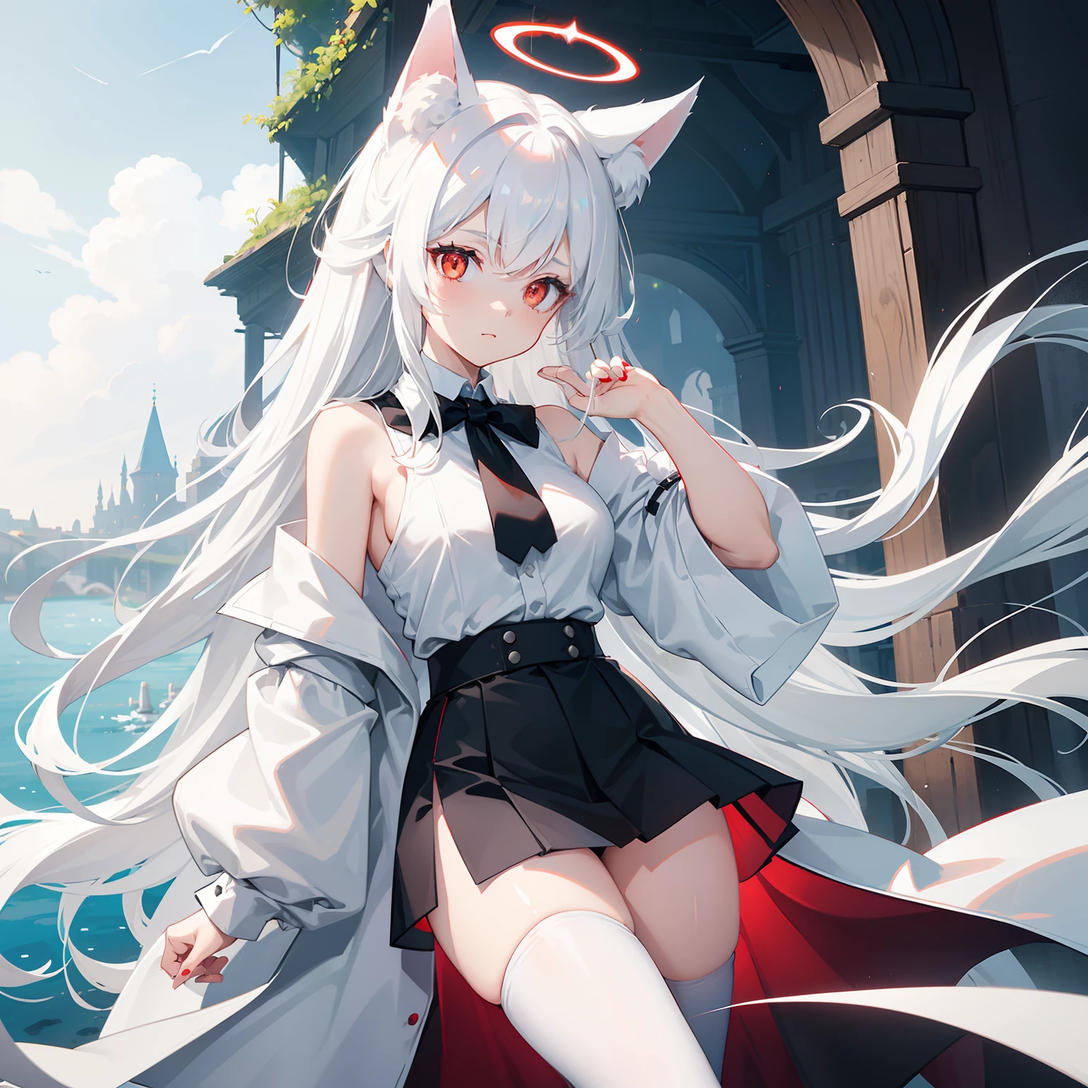 girl, young, big breasts, white long hair, red glowing eyes, white fox ears, white pointy halo, oversized shirt, white shirt, off shoulder, loose bottom shirt button, opened shirt button, black long tie, black big collar, black mini skirt, 5cm skirt, black stockings, medieval village, bridge, small river, sunny