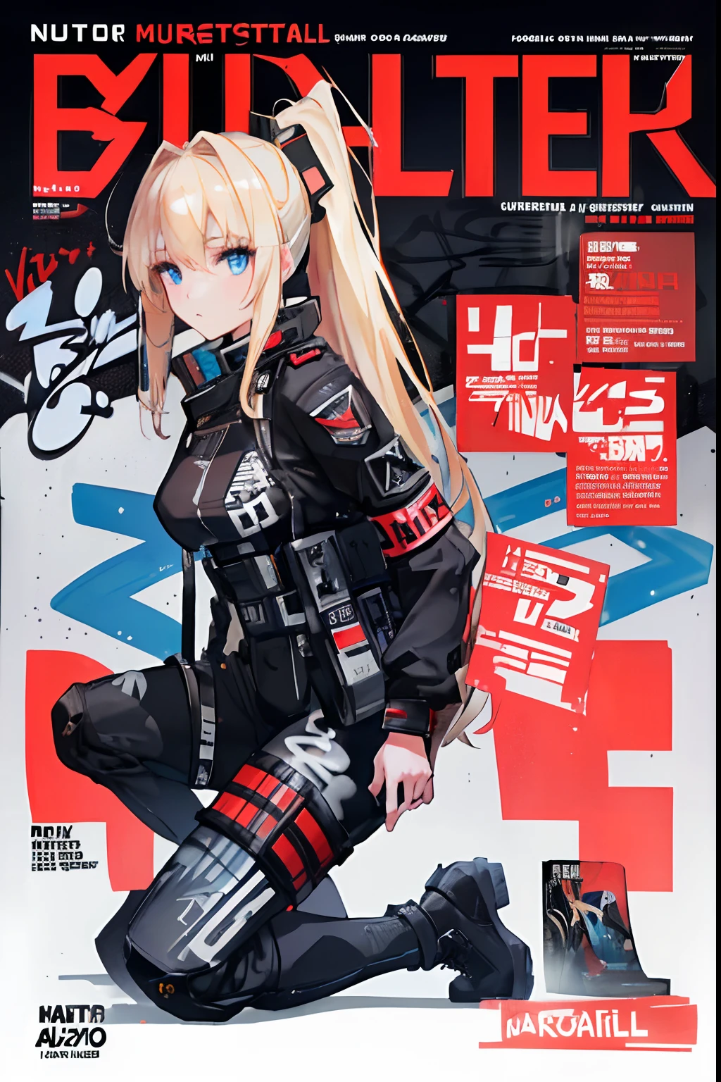 (masuter piece,Best Quality,Ultra-detailed), (A detailed face), (front-facing view), Young Girl, Blonde long hair, High ponytail, (graffiti wall:1.2), 1lady, body suit, Black jacket, Red armband, blue eyess, full body Esbian, (magazine:1.3), (cover-style:1.3)