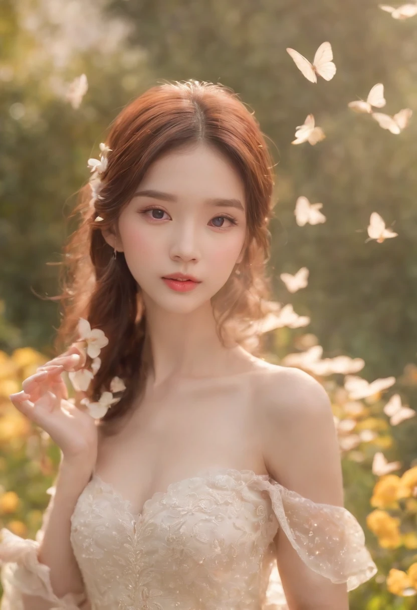 1girl, solo, full body, (masterpiece:1.21), (best quality:1.2), colorful, (illustration:1.2), (cinematic lighting:1.1), (bare shoulders:1.21), (collarbone:1.21) In this whimsical and fantastic garden，The scene is rainbowed（colorful fireflies）illuminate，dance through the air。Soft（Drizzle）Decorate the garden，It creates a hazy and ethereal atmosphere。In the center of the screen，There was a single teenage girl standing，Extremely delicate girl，Lovely facial features，The expression is innocent。Her long hair fluttered in the wind。She wears an ultra-low-cut strapless dress，Highlight her delicate curves。The lighting is very delicate and beautiful，Creates a soft and warm glow，Highlights the surface of the water，making it sparkle like diamonds。The finest grass is also illuminated，Create a lush carpet。The garden is surrounded by colorful fields of flowers，Flowers of all colors and shapes bloom。Various colors and sizes can be seen（Colorful butterflies）Fly around the scene，It adds to the overall sense of wonder and magic。 （Gentlemen），A flush is visible at the bridge of the nose，The mouth opened slightly，It also adds to the overall sense of innocence and youthfulness。Falling petals can be seen floating around her，It adds to the overall romance and beauty。A gentle breeze，The leaves rustle，Flowers sway，Adds to the overall dynamism and vitality。It is a scene of pure wonder and magic，Full of color and beauty，Viewers can lose themselves in this fascinating world。