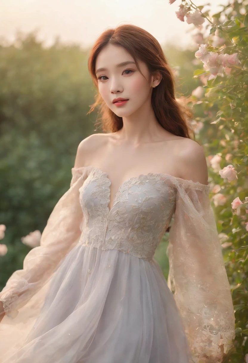(best quality,4k,8k,high resolution,masterpiece:1.2),super detailed,(lifelike,photorealism,photorealismism:1.37),Colorful flower field,Beautiful girl in wedding dress,dreamlike atmosphere,sweet and happy,soft sunshine,bright colors,Quiet and peaceful,happy expression,romantic scene。Lavender,tulip,Rose
