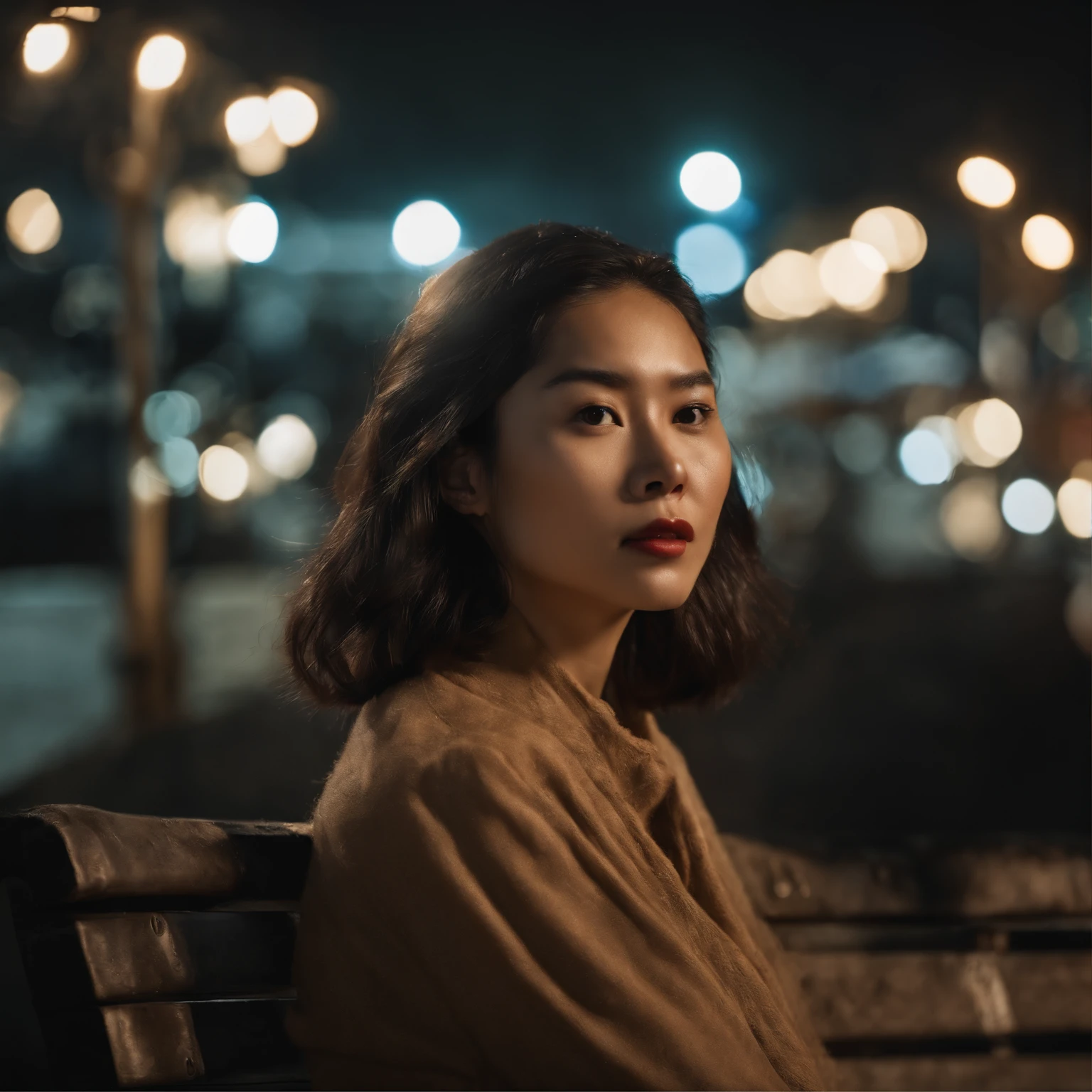 Han So-hee sitting on a park bench, Night lights, City lights, Moonlight, Night 4K, Fujifilm XT3, 8K, Maximum results, Shot on Kodak, an award winning photograph, (Ultra photo realsisim:1.5), (Best quality:1.5), Photorealistic, Detailed skin texture, Masterpiece, (Photorealistic:1.4), RAW photo,  Perfect shading, Realism, Photography,detailed face texture, Detailed lip texture, Detail ears, Detail Eye,  Depth of field,