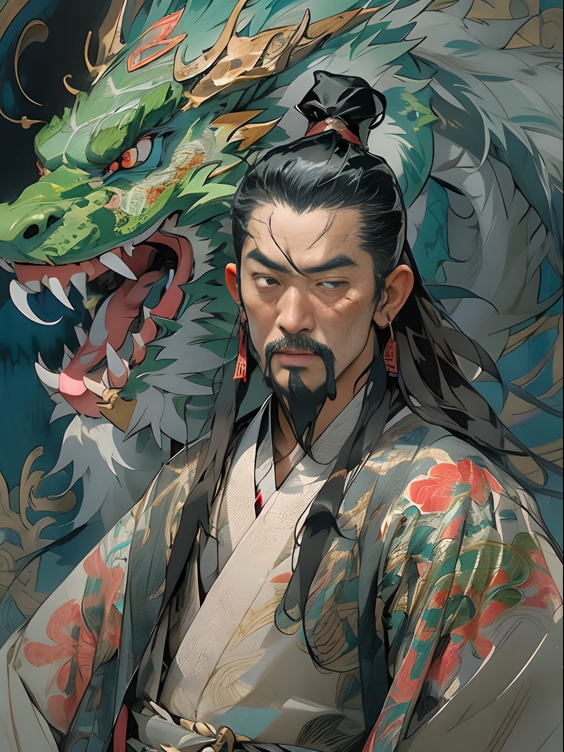(((China-style,Ink painting method,Half-length portrait,Intense color,Han dynasty, China,Hanfu,Armor,Guan yu,Guan Yunchang,of a guy,Ruddy killing square face,Hold the Blue Dragon Moon Knife in his right hand,Stroke your beard with your left hand,Long hair,petty eyes,Green robe))), (((best qualityer))), (((tmasterpiece))), (((AS-Adult))), ((( Japanese ))), Look up from your knees, Handsome Asian samurai,perfect body figure, Modern samurai, ((( Asian))), Wear gloves on your hands,The left arm is made of steel and metal tips,Made of protective devices, The eyes are pulled, (( Appears below the chest )), (( Small dental floss )), Simon Bisley, Almost naked(Simon Bisley)Castle City Wilderness,For high-resolution posters, hair straight, Minimum clothing, armure (Crazy clothes ), Full of tips and rivets, tribal tattoos, (((full bodyesbian))), Straight brunette hair,Colored hair ends