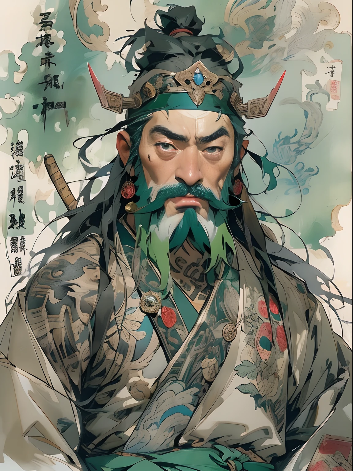 (((China-style，Ink painting method，Half-length portrait，Intense color，Han dynasty, China，Hanfu，Armor，Guan yu，Guan Yunchang，of a guy，Ruddy killing square face，Hold the Blue Dragon Moon Knife in his right hand，Stroke your beard with your left hand，Long hair，petty eyes，Green robe))), (((best qualityer))), (((tmasterpiece))), (((AS-Adult))), ((( Japanese ))), Look up from your knees, Handsome Asian samurai，perfect body figure, Modern samurai, ((( Asian))), Wear gloves on your hands，The left arm is made of steel and metal tips，Made of protective devices, The eyes are pulled, (( Appears below the chest )), (( Small dental floss )), Simon Bisley, Almost naked（Simon Bisley）Castle City Wilderness，For high-resolution posters, hair straight, Minimum clothing, armure (Crazy clothes ), Full of tips and rivets, tribal tattoos, (((full bodyesbian))), Straight brunette hair，Colored hair ends