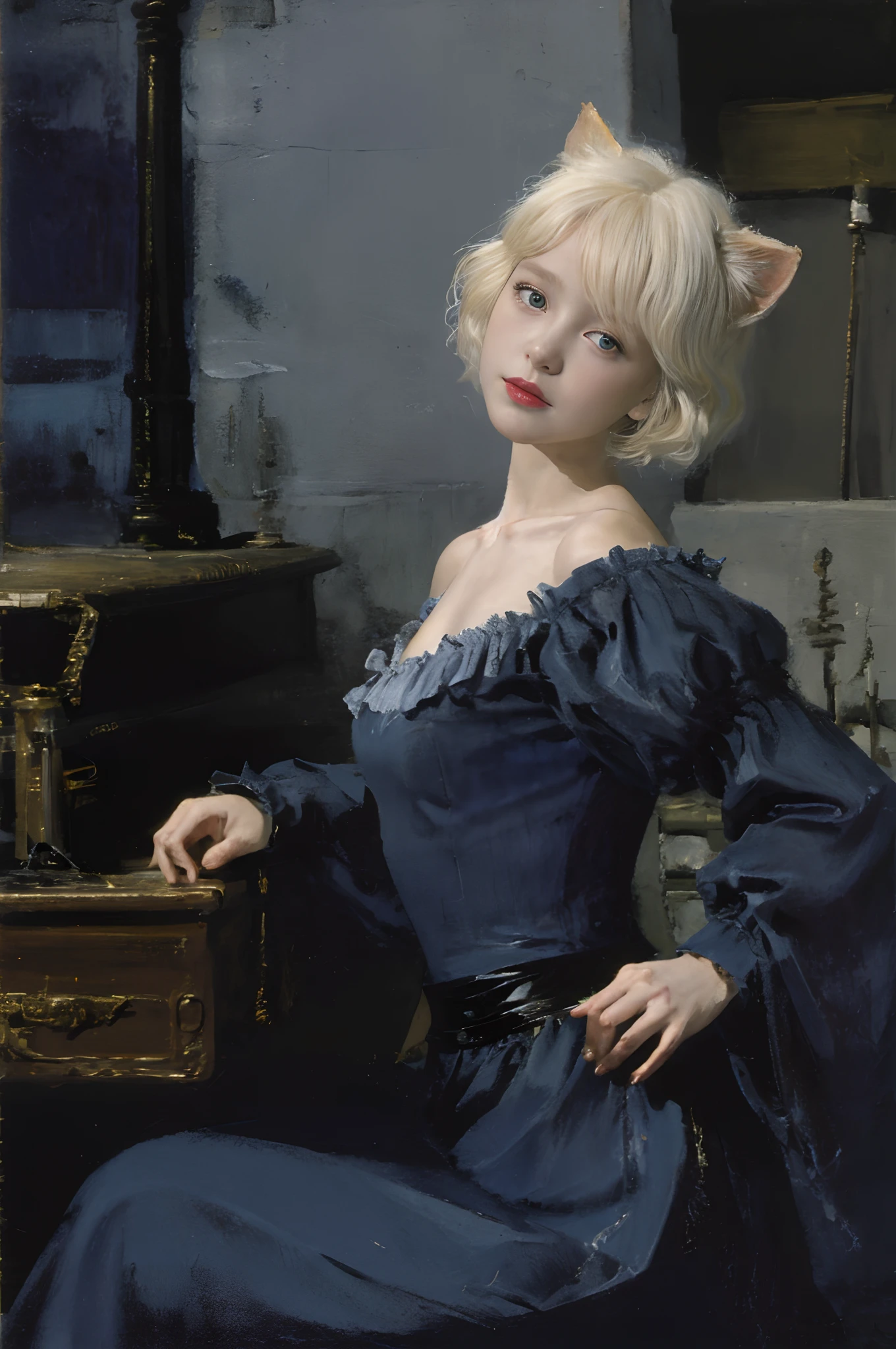 Top image quality、​masterpiece、an oil painting、Aerial perspective、thirds rule、Beautiful Nordic girl、A little taller、Gentle expression、slightly smaller eyes、Pretty small face、Light makeup、Cat ears on the head、Platinum blonde short hair、middlebreasts、big butts、slightly thicker legs、Long Sleeve Gothic Dress、long  skirt、The basement of the old castle、lanthanum、blue moonlight