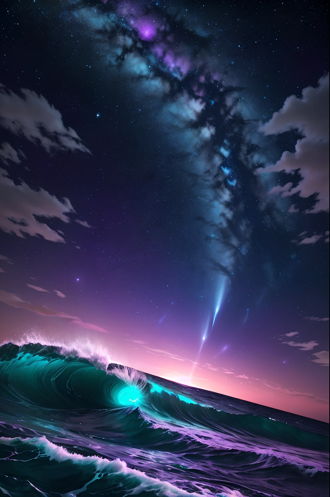 bioluminescent stars in the sky, pink half moon, touquois sky, soft cotton clouds, tourqouis ocean waves, shiny, purple water, galaxy, complementing lighting