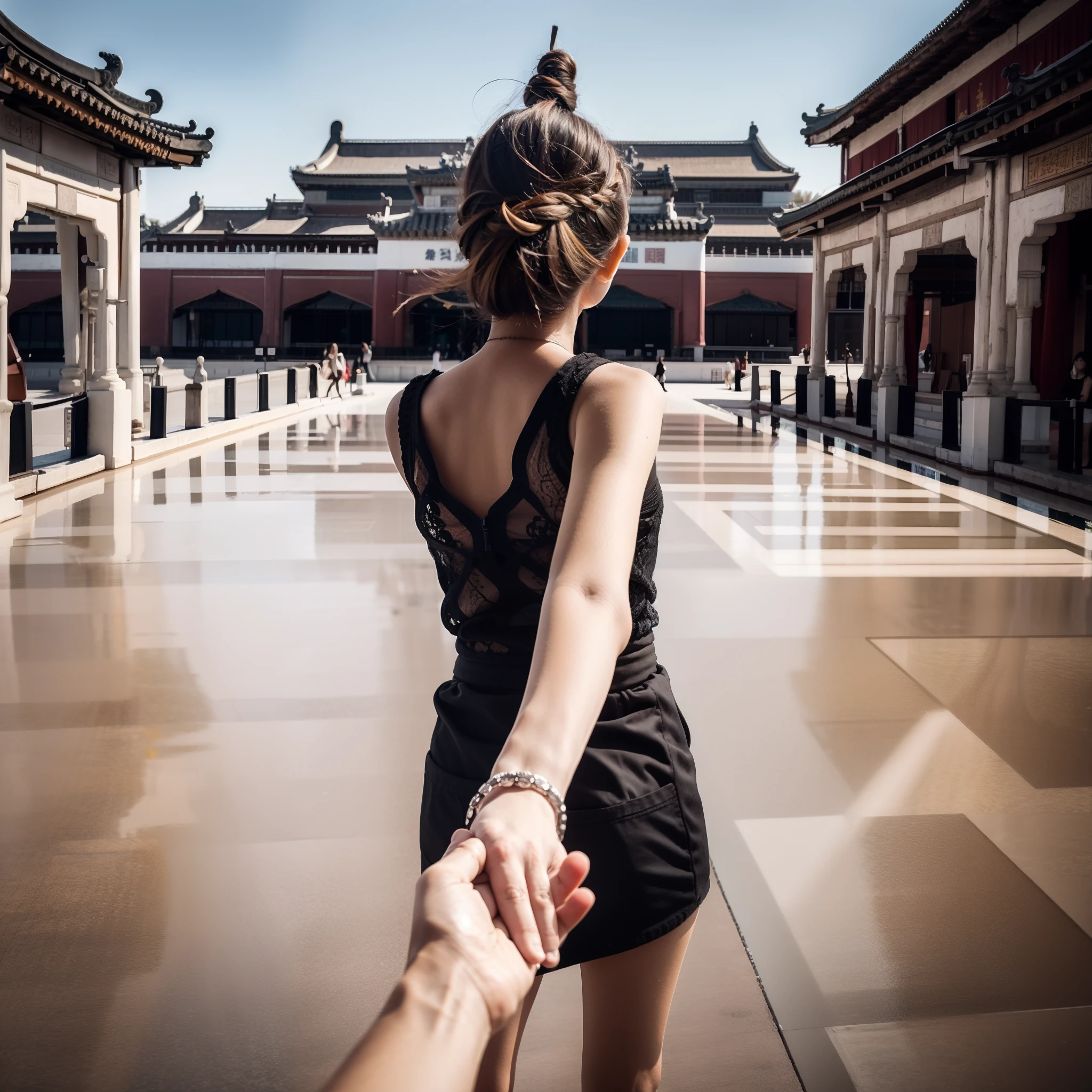 1girll，ultra - detailed，A high resolution，tmasterpiece，By_Style，bf_Holding_Hands，1 Girl holding hands with audience，Take a walk in the Forbidden City in Beijing