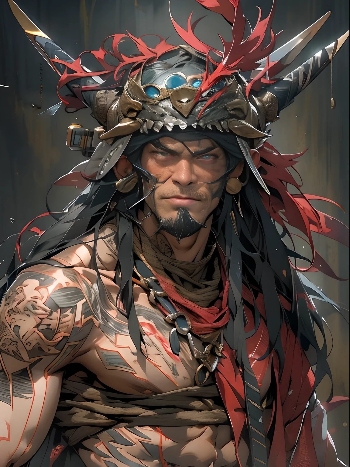 (((mtu))), (((best qualityer))), (((tmasterpiece))), (((AS-Adult))), ((( Japanese ))), Look up from your knees, Handsome Asian samurai,perfect body figure, Modern samurai, ((( Asian))), Wear gloves on your hands,The left arm is made of steel and metal tips,Made of protective devices, The eyes are pulled, (( Appears below the chest )), (( Small dental floss )), Simon Bisley, Almost naked(Simon Bisley)Castle City Wilderness,For high-resolution posters, hair straight, Minimum clothing, armure (Crazy clothes ), Full of tips and rivets, tribal tattoos, (((full bodyesbian))), Straight brunette hair,Colored hair ends
