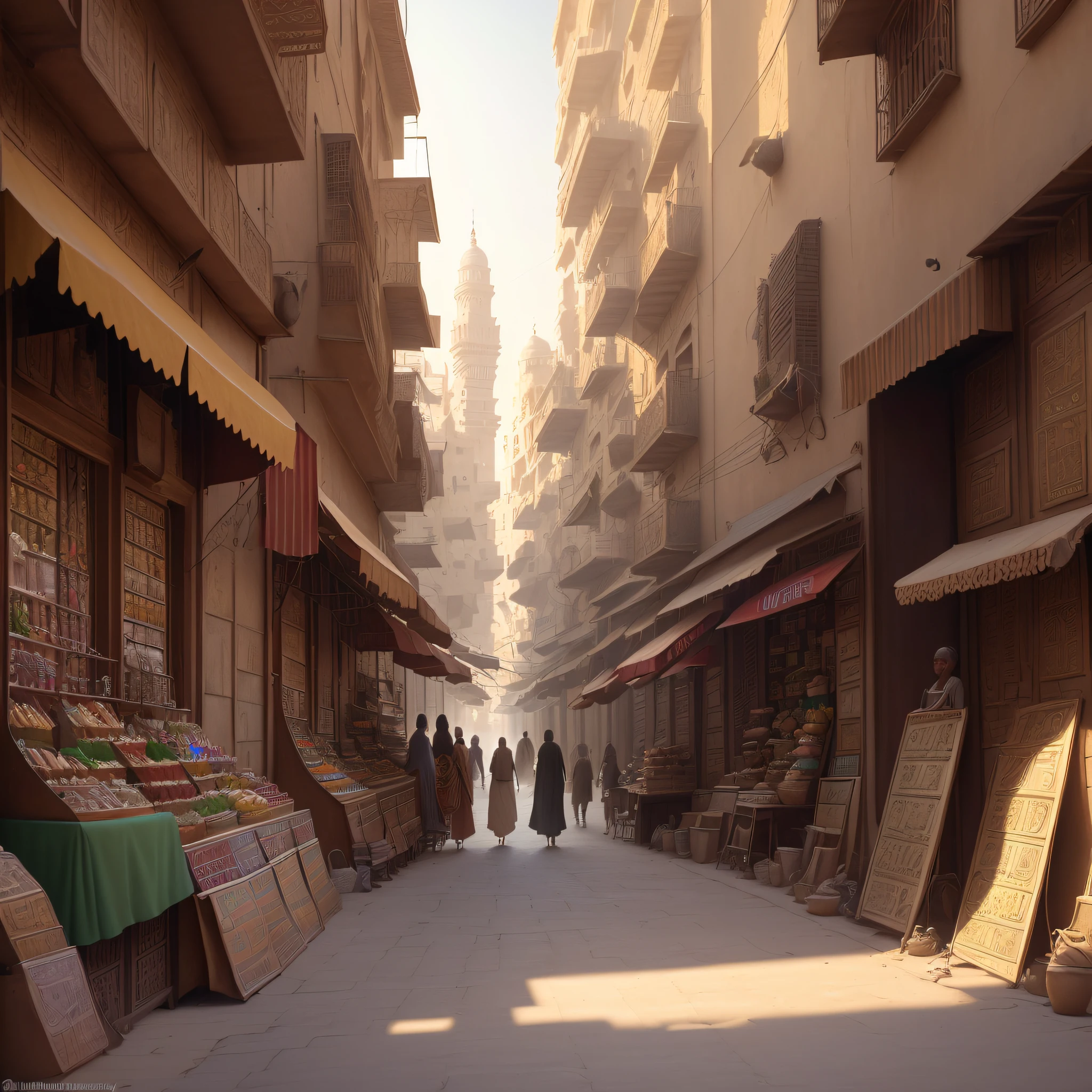 (Highly detailed wallpaper CG Unity 8k, realistic entertainment), (nostalgia, old feel, best quality, masterpiece), Gamaleya district, fifties, Cairo, Egypt, bustling street scene, colorful traditional architecture, noisy street vendors, bright sunshine, long shadows. night