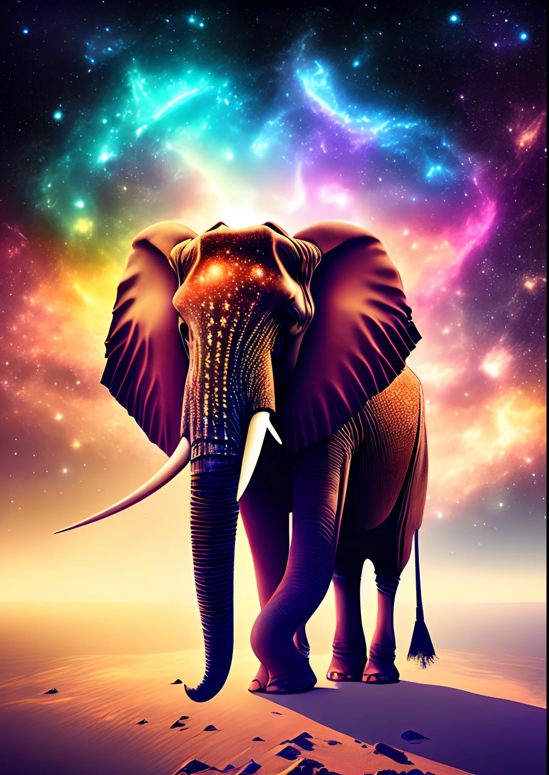 dreamlikeart, galaxies, space, nebulae, stars, [cyberpunk] elephant  (star:1.5),