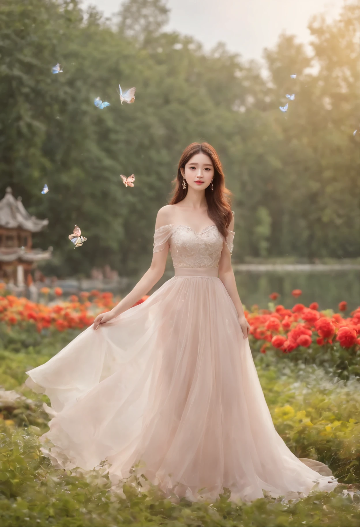 1girl, solo, full body, (masterpiece:1.21), (best quality:1.2), colorful, (illustration:1.2), (cinematic lighting:1.1), (bare shoulders:1.21), (collarbone:1.21) In this whimsical and fantastic garden，The scene is rainbowed（colorful fireflies）illuminate，dance through the air。Soft（Drizzle）Decorate the garden，It creates a hazy and ethereal atmosphere。In the center of the screen，There was a single teenage girl standing，Extremely delicate girl，Lovely facial features，The expression is innocent。Her long hair fluttered in the wind。She wears an ultra-low-cut strapless dress，Highlight her delicate curves。The lighting is very delicate and beautiful，Creates a soft and warm glow，Highlights the surface of the water，making it sparkle like diamonds。The finest grass is also illuminated，Create a lush carpet。The garden is surrounded by colorful fields of flowers，Flowers of all colors and shapes bloom。Various colors and sizes can be seen（Colorful butterflies）Fly around the scene，It adds to the overall sense of wonder and magic。 （Gentlemen），A flush is visible at the bridge of the nose，The mouth opened slightly，It also adds to the overall sense of innocence and youthfulness。Falling petals can be seen floating around her，It adds to the overall romance and beauty。A gentle breeze，The leaves rustle，Flowers sway，Adds to the overall dynamism and vitality。It is a scene of pure wonder and magic，Full of color and beauty，Viewers can lose themselves in this fascinating world。