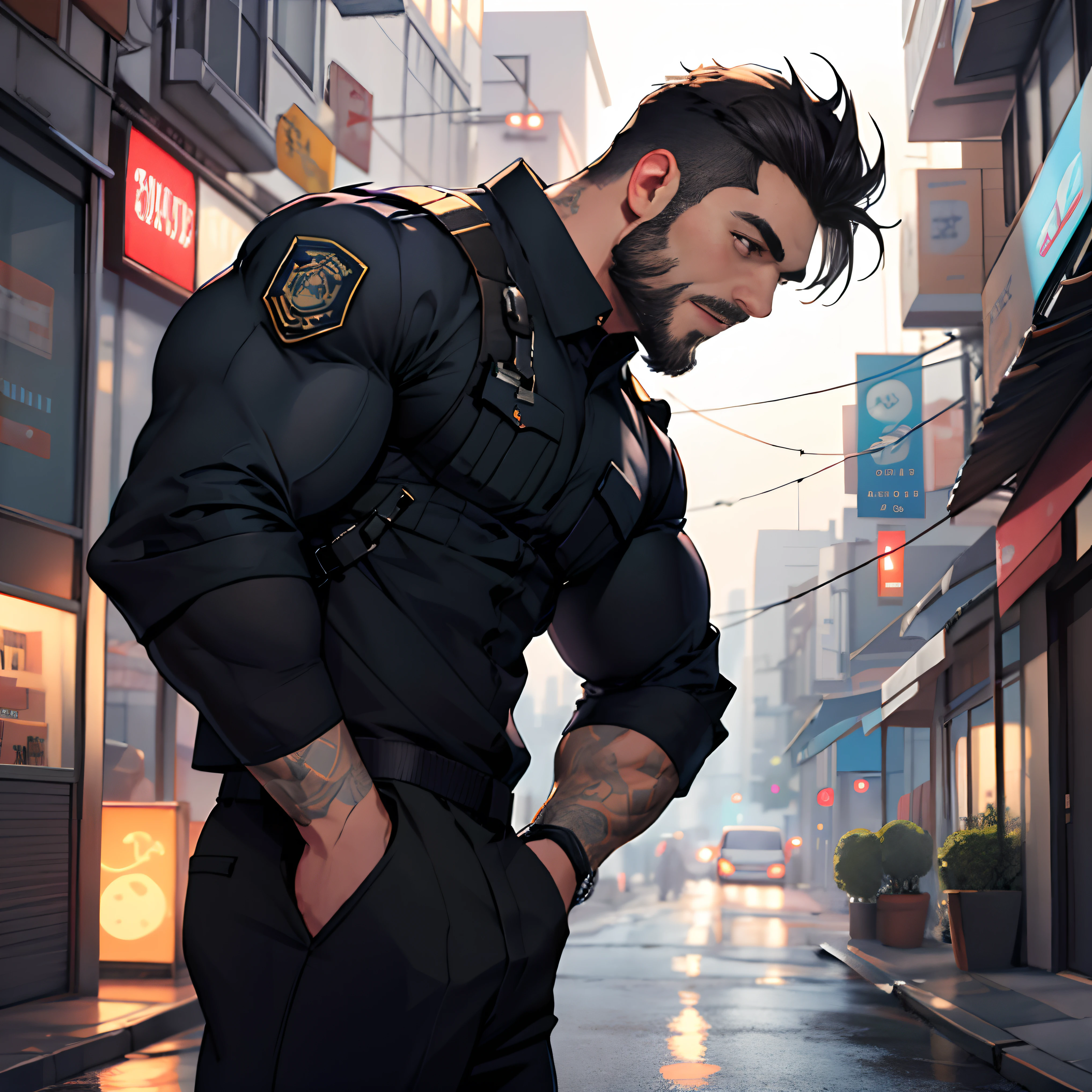 Best quality, masterpiece, super high resolution, detailed background, realistic, illustration, single, 1 boy, muscle man, beard, swat, street, muscular, facial hair, volumetric lighting, depth of field,black clothes