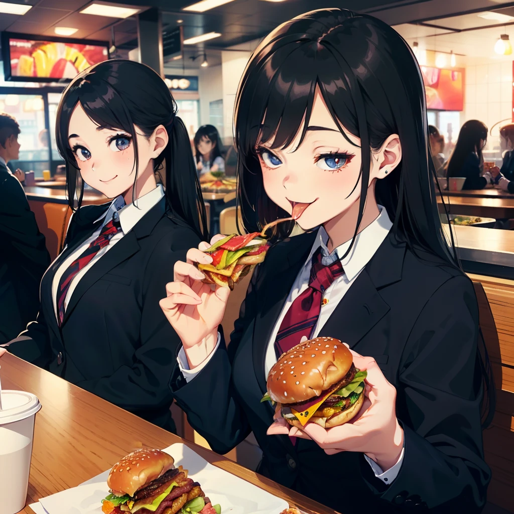 1 beauty, 18 High School Girls, Watery Big Eyes,blazer and tie, (Happy smile),long eyelasher, Blushlush,Black Perm Hair,At the table in a fast food restaurant, (Close your eyes, Smile and open your mouth wide), ((Gnawing on a grabbed hamburger with both hands)),(Eat cleanly)