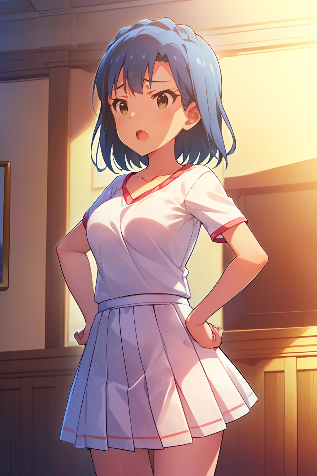 yuriko nanao (million live). Short stature. (((white t-shirts))).(((Skirt))).(((masterpiece))).(((best quality))).((Ultra-detailed))).(((illustratio))). (((put hands on the hip))).(((a room))).(((make a fist))).(((up chest))).Despair face.(((short-hair))).((big breasts)).((Opening Mouth)).