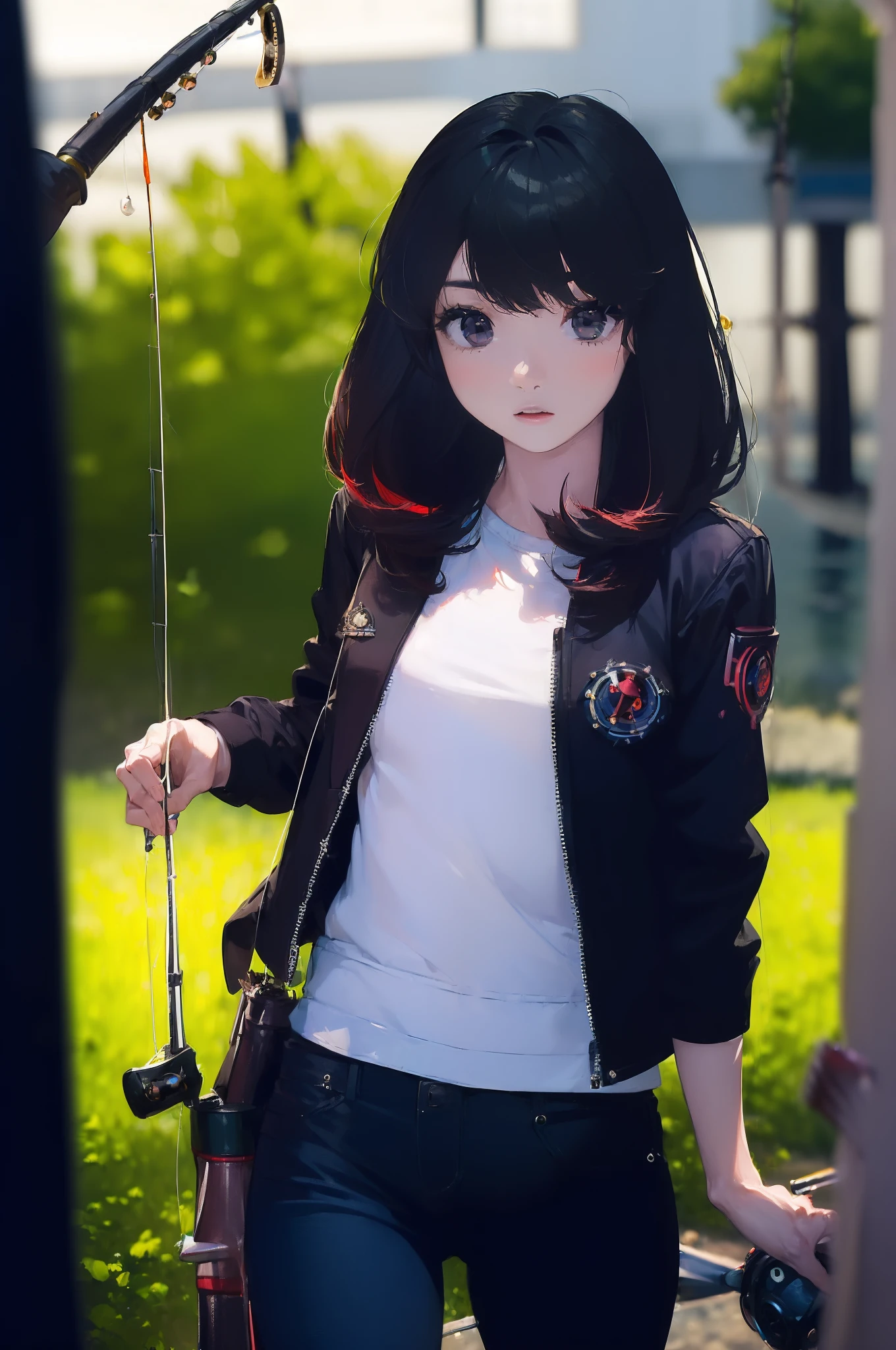 ((((Have fishing rod with a reel:1.5)))),((Female 28 years old)),((Best Quality:1.5)),(((Hands with the correct number and structure of fingers:1.4))),((lakeside:1.37)),hight resolution,ultra-detailliert,masterpiece,best qualtiy,(Eight-headed body),Black hair, long eyeslashes, Solid Circle Eyes, drop shadow, Atmospheric perspective,Super Detail, ccurate, small brest,(Black jacket and black jeans :1.1),top-quality, blurry backround, bokeh dof:1.2, (masterpiece:1.3), Atmospheric perspective,Super Detail,dynamic compositions,