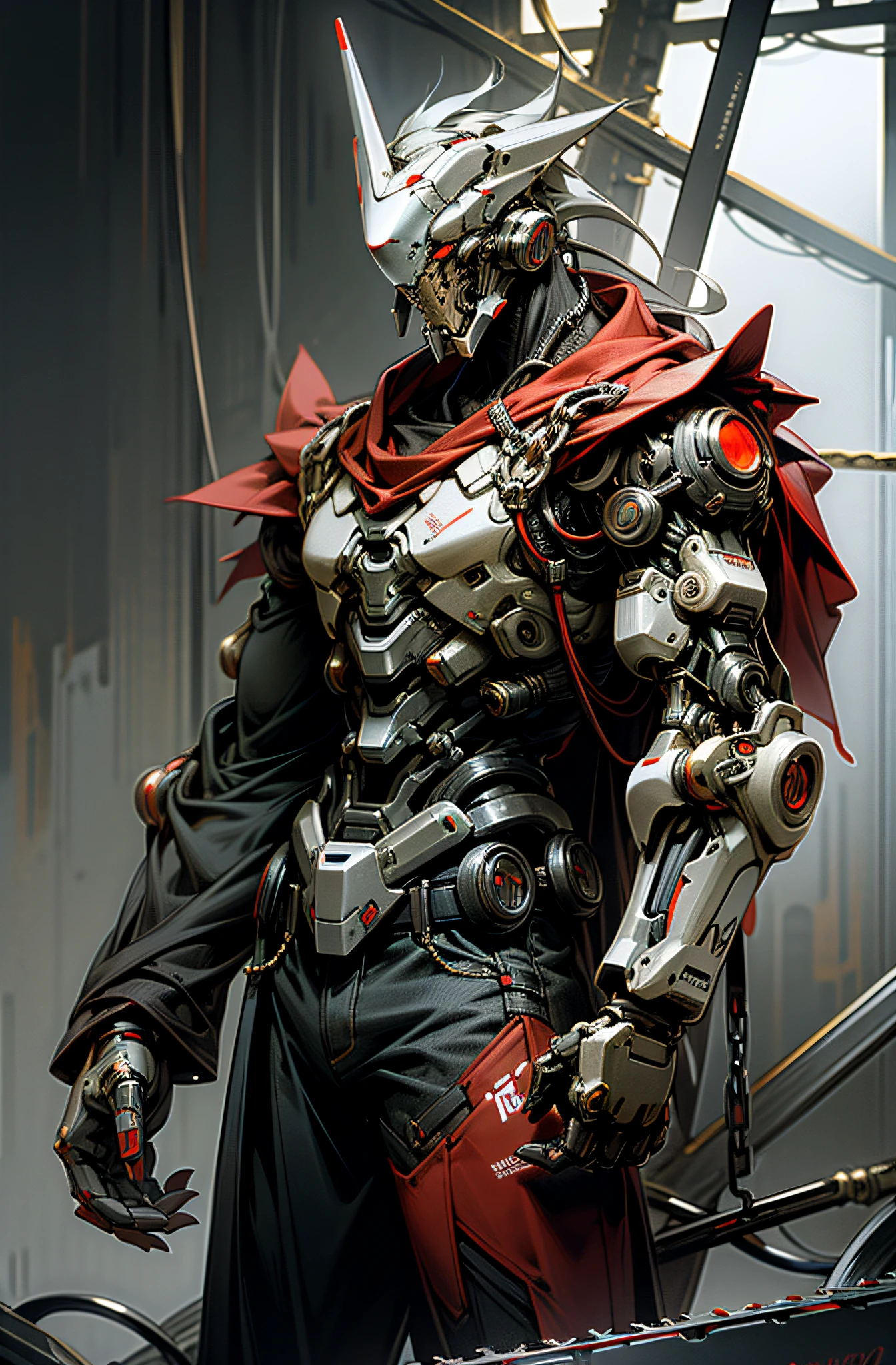 Dark_Fantasy,Cyberpunk,(chain saw,chain saw man,Red:1.1),1man,Mechanical marvel,Robotic presence,Cybernetic guardian,