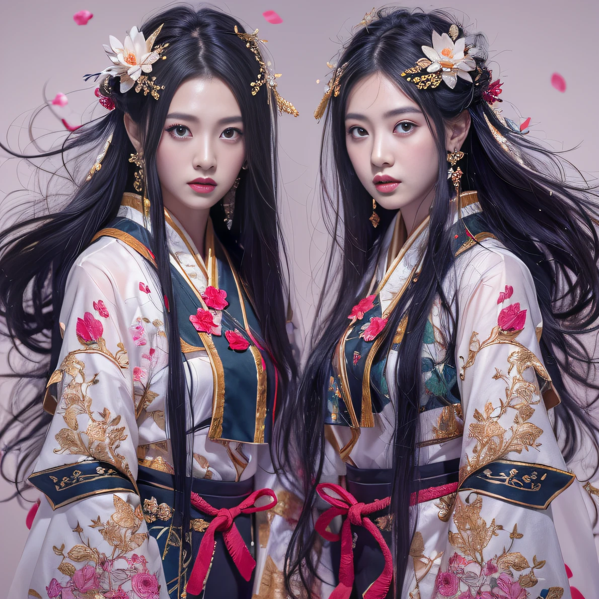 32K(tmasterpiece,k hd,hyper HD,32K)Long flowing black hair,ponds,zydink, a color, Tongzhou people (Spirit Girl), (Red silk scarf), Combat posture, looking at the ground, long whitr hair, Floating hair, Carp pattern headdress, Chinese long-sleeved clothing, (Abstract ink splash:1.2), Pink petal background,Pink and white lotus flowers fly(realisticlying:1.4),Black color hair,Fallen leaves flutter,The background is pure, A high resolution, the detail, RAW photogr, Sharp Re, Nikon D850 Film Stock Photo by Jefferies Lee 4 Kodak Portra 400 Camera F1.6 shots, Rich colors, ultra-realistic vivid textures, Dramatic lighting, Unreal Engine Art Station Trend, cinestir 800,Long flowing black hair,Denim skirt