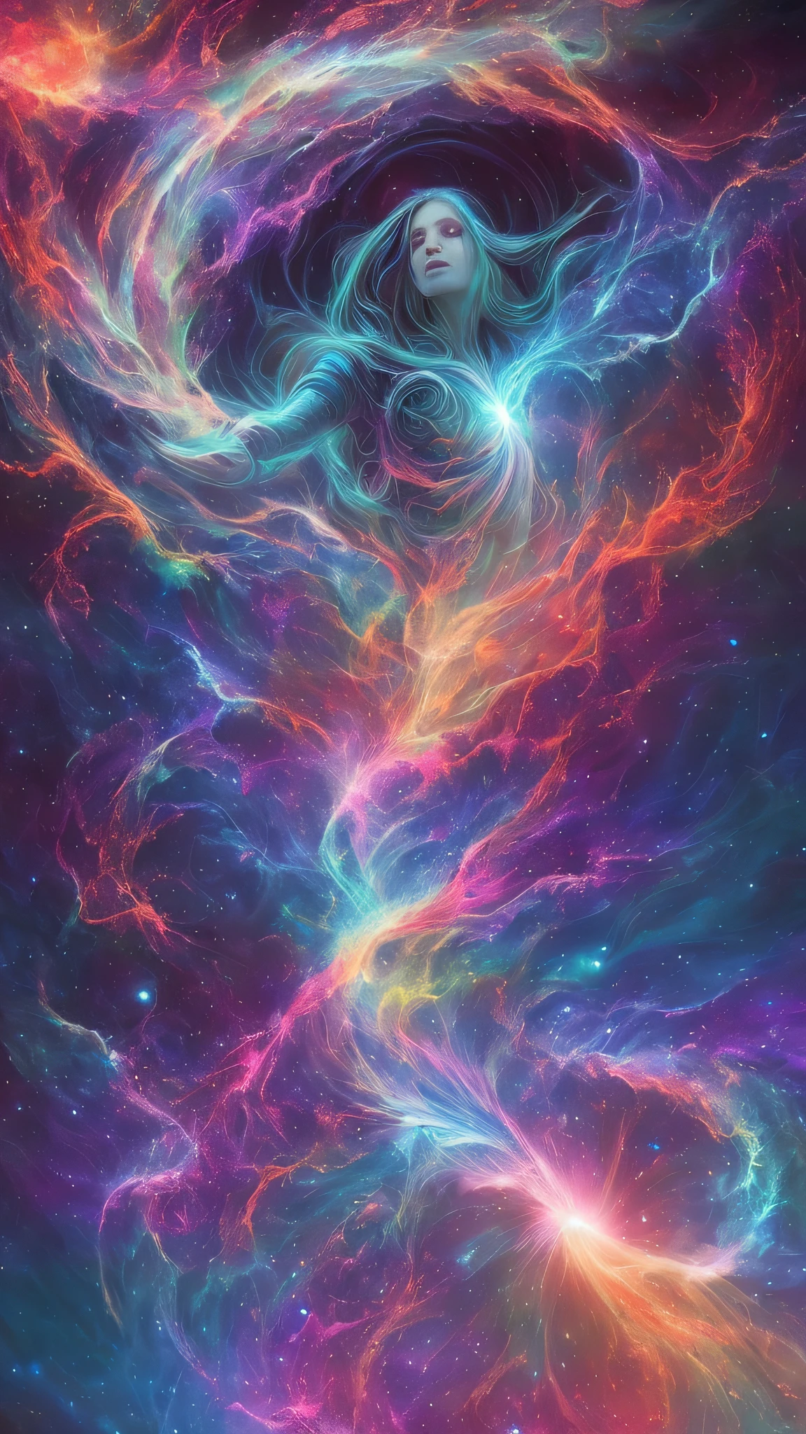 inconceivable and spectacular a scene of emergence of a figure from the glowing cloud, fractal nebula threads, cosmic entities, celestial, cosmic, vibrant and vivid, swirls, twirling, unrealistic, high contrast, symobolism, magical, mystical, mystifying, hyperrealistic, oversaturate, colorfully