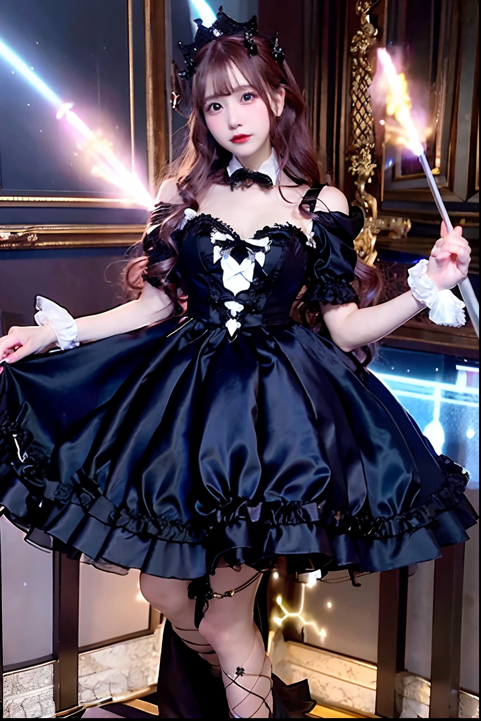 Black Satin Dress、Alafe with a wand and crown, fantasy dress, magical dress, dreamy style, very magical and dreamy, ****ta Fashion, ethereal fairy tale, fairycore, fantasy outfit, wearing fantasy formal clothing, angelic pretty, dreamy and detailed, ****ta style, fantasy style clothing, rococo dress, Fantasy aesthetics!, romantic dress