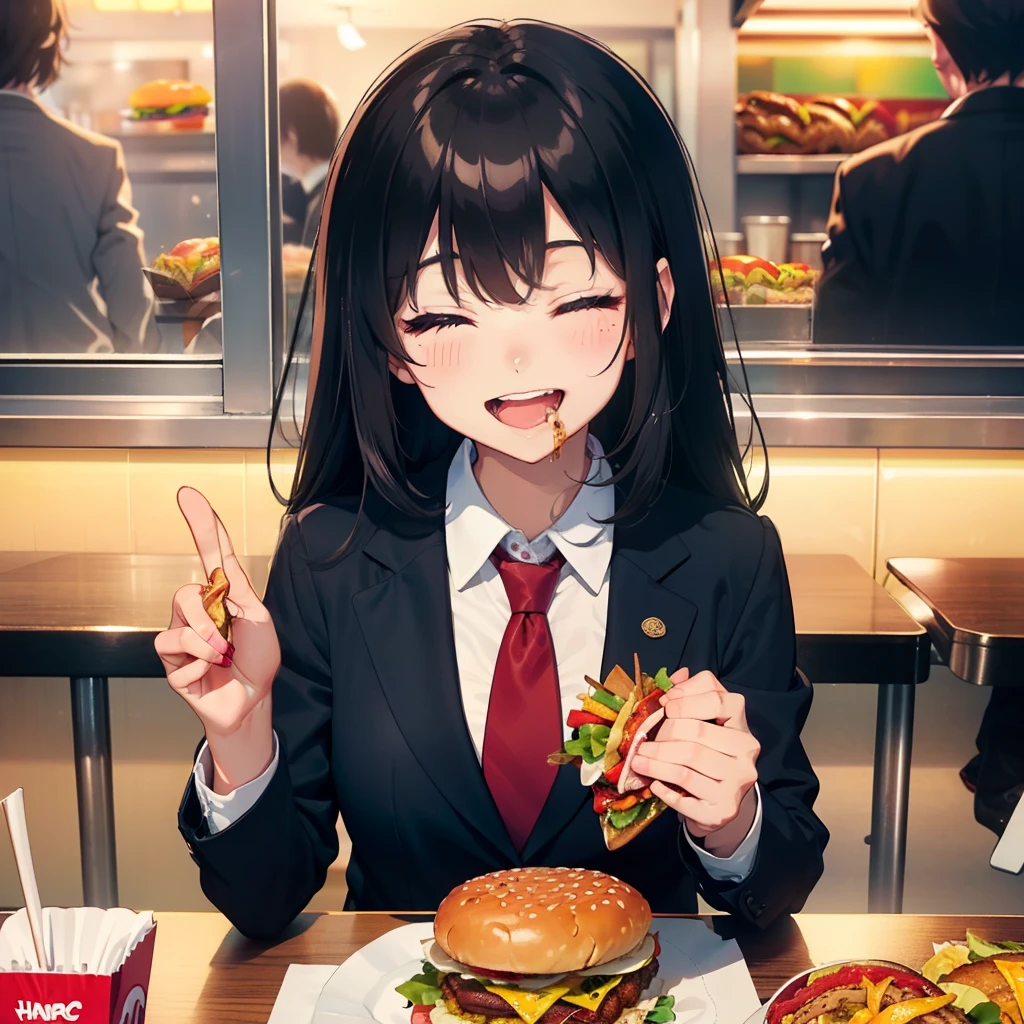 1 beauty, 18 High School Girls, Watery Big Eyes,blazer and tie, (Happy smile),long eyelasher, Blushlush,Black Perm Hair,At the table in a fast food restaurant, (Close your eyes, Smile and open your mouth wide), ((Gnawing on a grabbed hamburger with both hands)),(Eat cleanly)