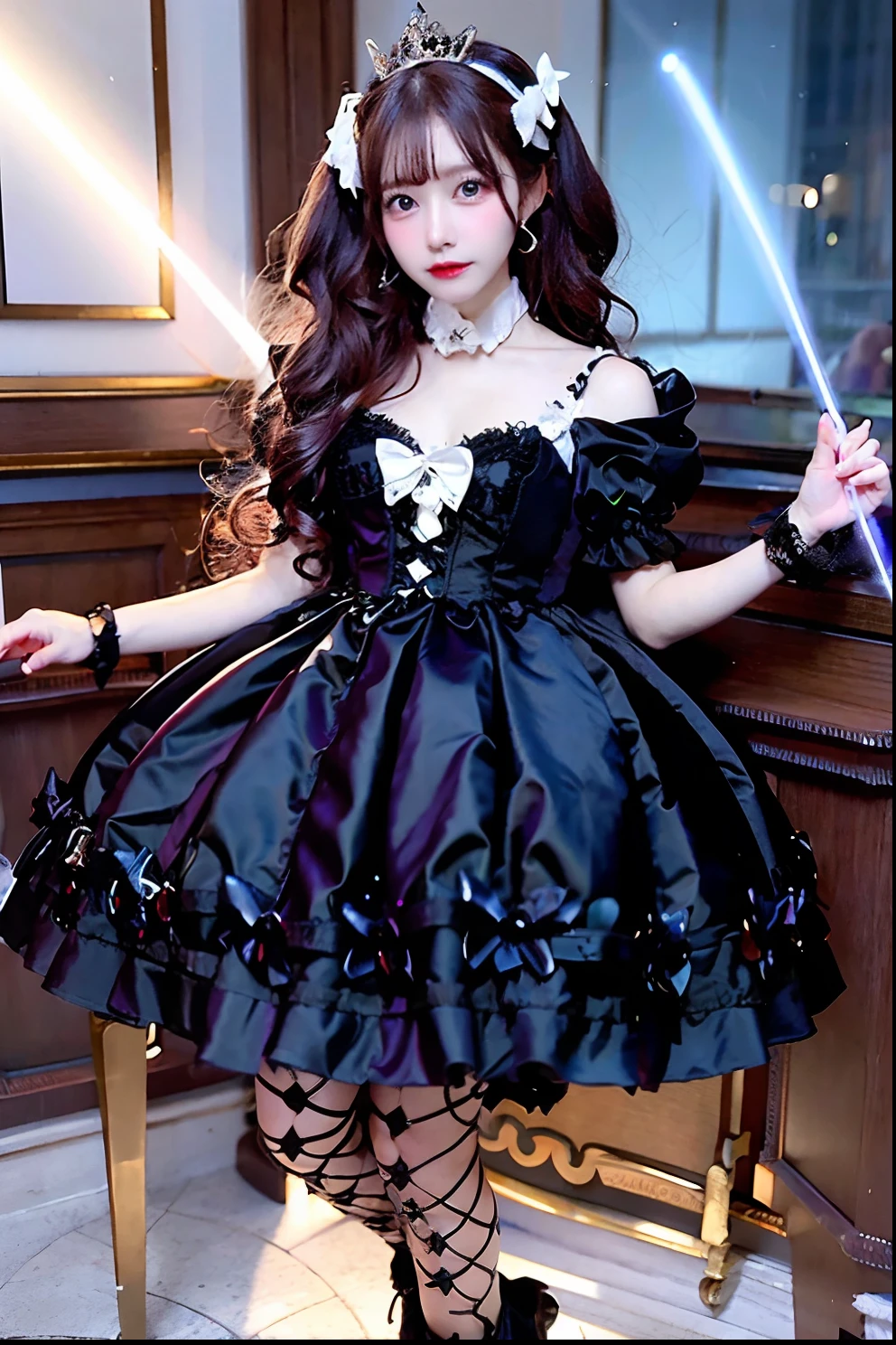 Black Satin Dress、Alafe with a wand and crown, fantasy dress, magical dress, dreamy style, very magical and dreamy, Lolita Fashion, ethereal fairy tale, fairycore, fantasy outfit, wearing fantasy formal clothing, angelic pretty, dreamy and detailed, Lolita style, fantasy style clothing, rococo dress, Fantasy aesthetics!, romantic dress