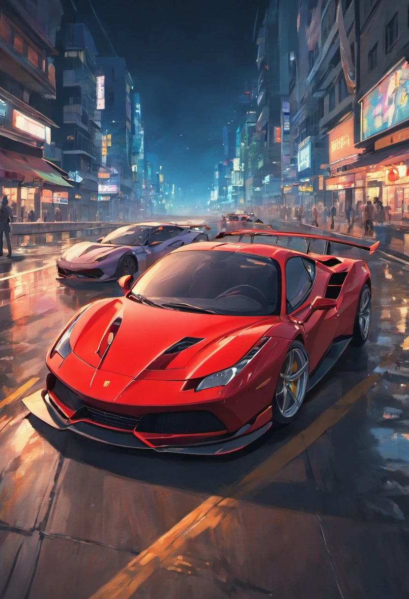 "um Quority(Ferrari 488 GT3 |)Race cars race around the city circuit at night，Um sopro de sangue e velocidade。"