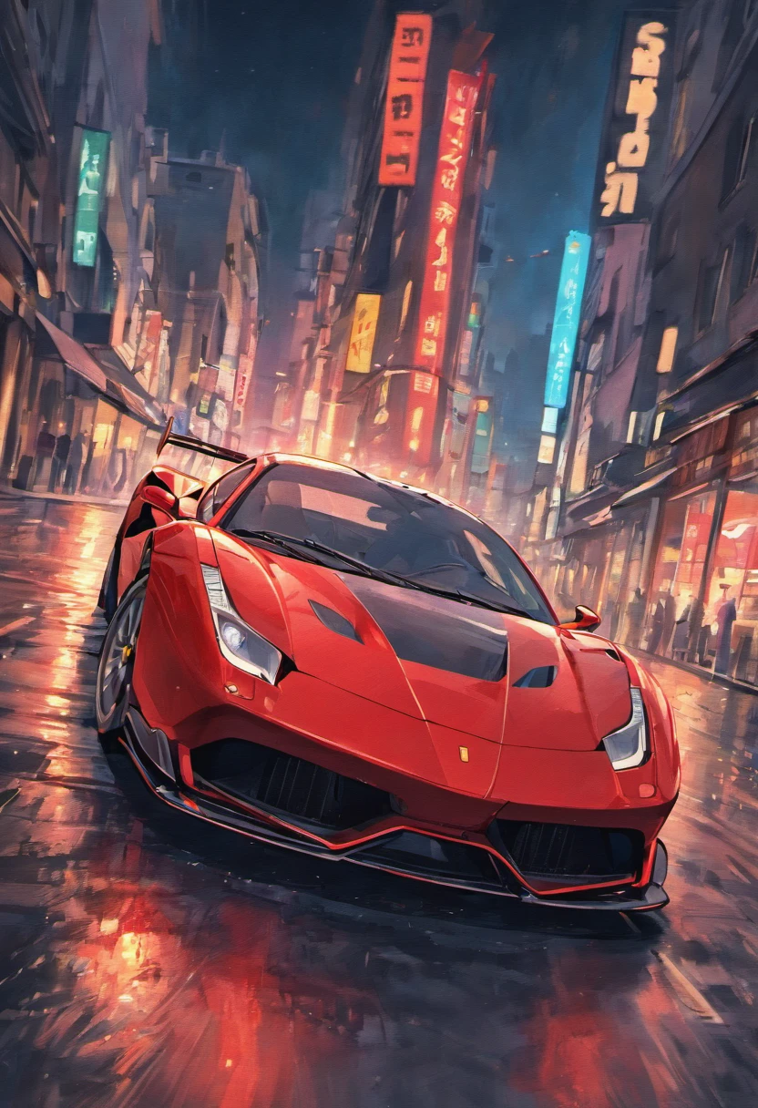 "um Quority(Ferrari 488 GT3 |)Race cars race around the city circuit at night,Um sopro de sangue e velocidade。"
