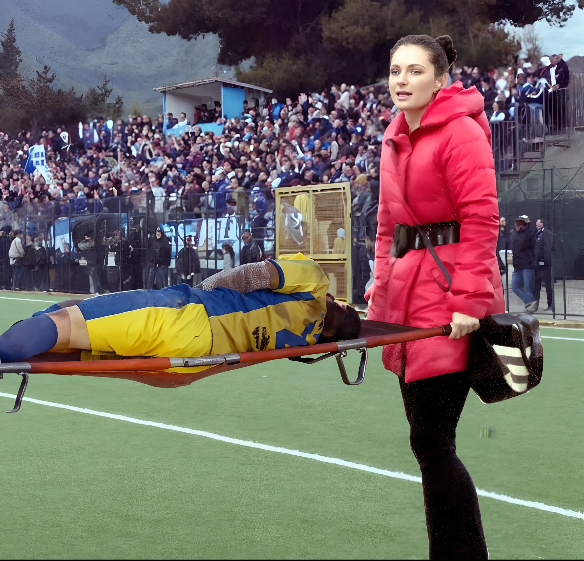 woman in red jacket carrying a man on a stretcher on a field, soccer accident, sports injury, soccer match in a crowded stadium, injury scene, there is a sportsman in matte cotton sportswear lying injured on a stretcher, there is an injured sportsman in matte cotton sportswear lying on his side on a stretcher with a bandaged ellbow, an injured sportsman in matte cotton sportswear is lying on his side on a strecher being carried by an extrovert blond woman in a high shine long moncler coat, an injured sportsman is writhing in ecstasy on a stretcher while lying on his side, dramatic pity pose, there is a blond shouting and crying woman in a high-shine puffy coat, a high-shine black down coat, a long black moncler coat, a wetlook down coat, a wet black laquered coat, a excited screaming blond woman is wearing a wetlook black latex-coat, injured, medic, soccer action pose, affection pose, lecherous action pose, dramatic action pose, theatralic pose, there is an attractive woman that is carrying a sportsman in matte cotton sportswear, there is a beautiful woman in a shiny coat who is carrying a man on a stretcher, a longhaired beautiful woman in a high-shine black puffy coat, a longhaired woman in a shiny downcoat, a woman is carrying a shorthaired man in matte cotton sportswear on a stretcher, a weak man in spots shorts is consciousless and needs to be carried, a shorthaired man with a bandaged ellbow is carried away on a stretcher, a woman looks very scared and terrified, a sportsman in matte cotton sportswear is suffering very much on a stretcher, photo, photo shoot, photographed , accident, help, aid, first aid, pity