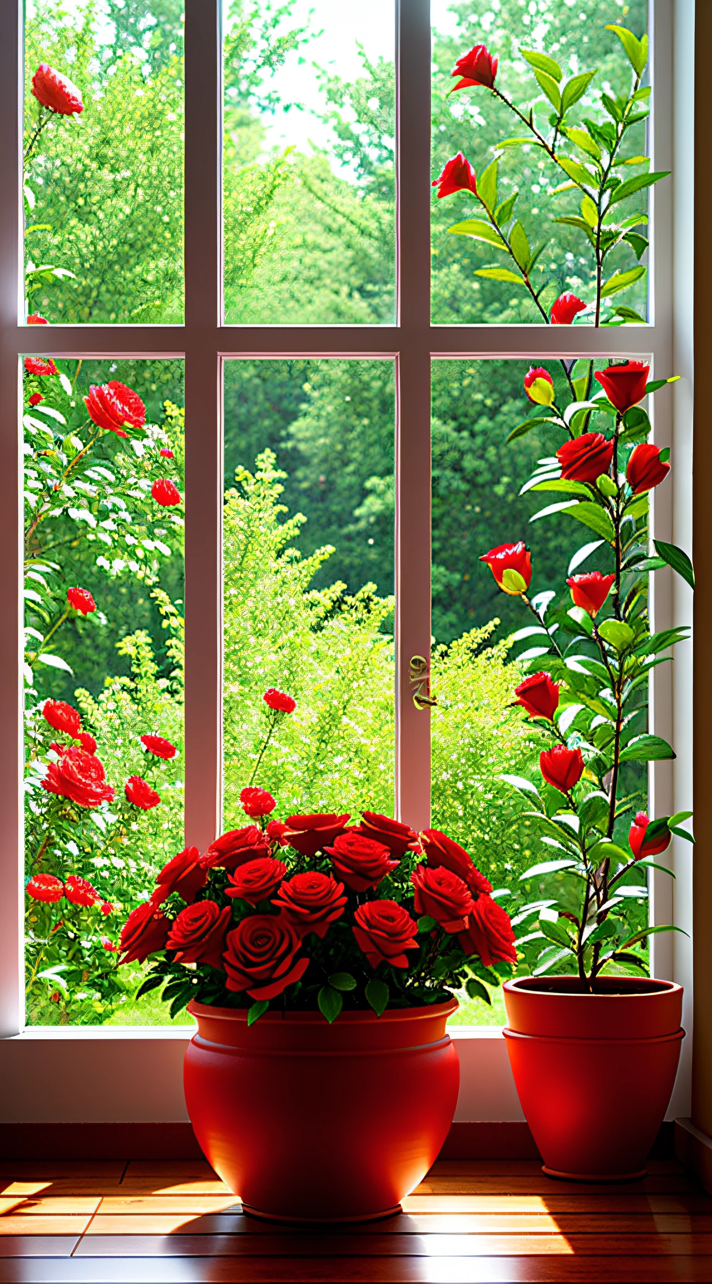 Clay pot, colorful roses, by the window, sunlight coming in, blank background, lots of details, high quality, 8k,