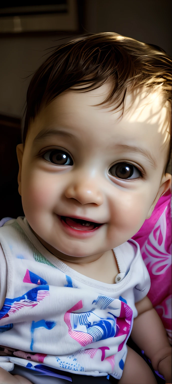 Ultra high quality, ultra high definition, ultra sharpness, 8K, a very cute girl, 1 yearone, wearing a children's clothes, portrait, ultra detailed eyes, ultra detailed irises, completely identical irises, cheerful smile