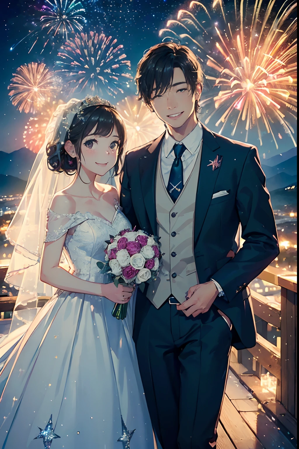 ((Best quality, A high resolution, Masterpiece:1.2)), (Romantic), (newlyweds:1),(Happy smile),Delicate facial features, Clear facial features, Optimized details,(Stargazing at the top of the mountain), (Spectacular sky fireworks display), (Colorful fireworks), (Giant fireworks), (Wedding dress), (suit), (glittering stars:1.5), Romantic couple photo, cinematic Film still from.