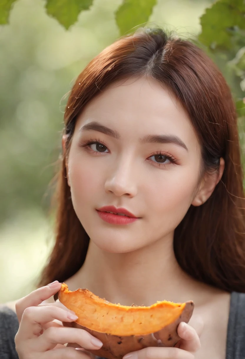 (((Eating grilled sweet potatoes deliciously))) light skinned, age19、Japan Woman、short-cut、A dark-haired、Thin eyeliner、Dark orange lips、Gingko trees、top-quality、masterpiece