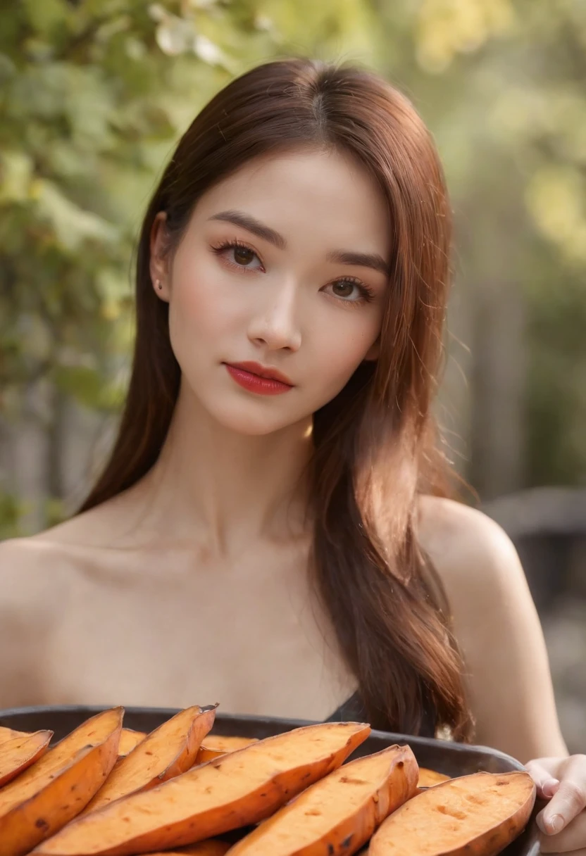 (((Eating grilled sweet potatoes deliciously))) light skinned, age19、Japan Woman、short-cut、A dark-haired、Thin eyeliner、Dark orange lips、Gingko trees、top-quality、masterpiece