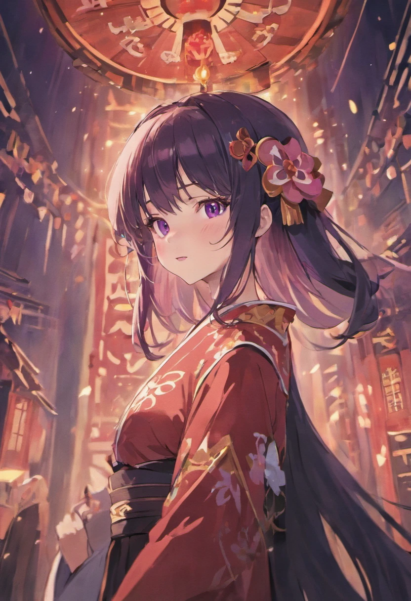 8k, shrine maiden, anime, purple eyes, black hair, bangs, blushing, big boobs, big ass, solo, smiling