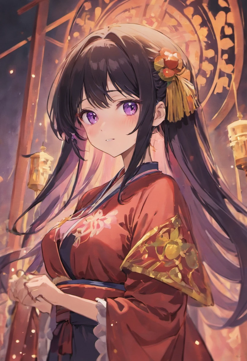 8k, shrine maiden, anime, purple eyes, black hair, bangs, blushing, big boobs, big ass, solo, smiling